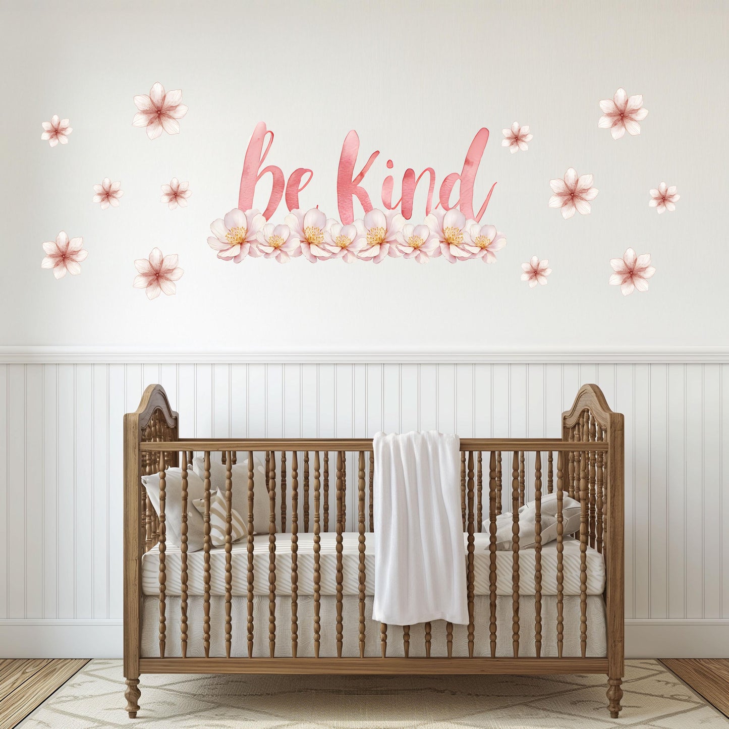 Be Kind Wall Sticker, Inspirational Quote Nursery Decor, Pink Floral Blossom Wall Decals, Girls Room Kids Bedroom Peel and Stick Wall Art