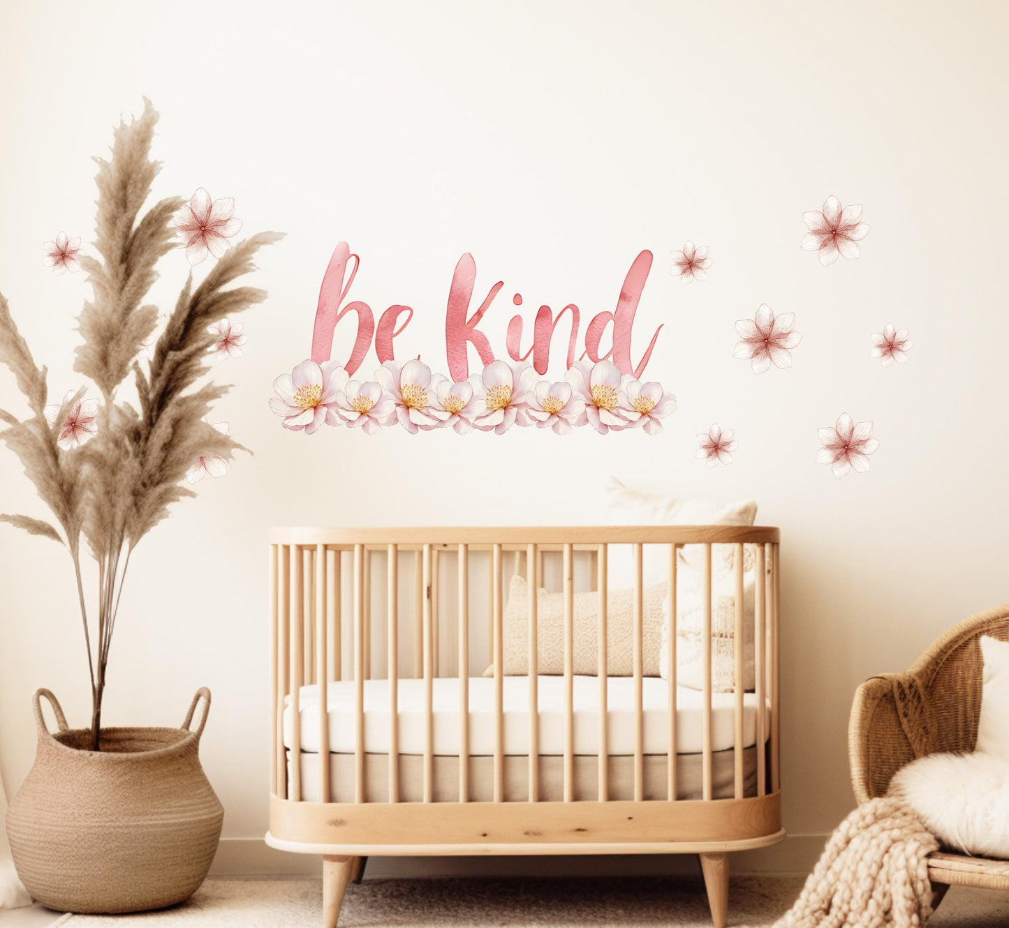 Be Kind Wall Sticker, Inspirational Quote Nursery Decor, Pink Floral Blossom Wall Decals, Girls Room Kids Bedroom Peel and Stick Wall Art