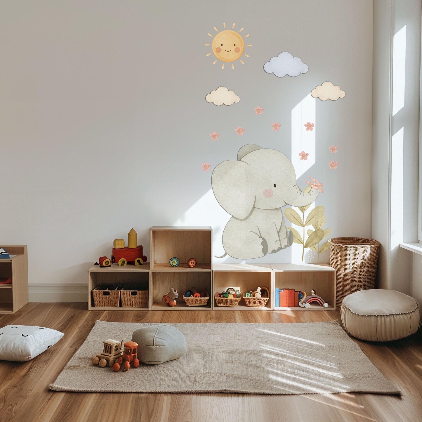 Elephant Wall Stickers, Elephant Nursery Decor, Neutral Baby Elephant Sun Cloud Wall Decals, Gender Neutral Kids Room Peel and Stick Art