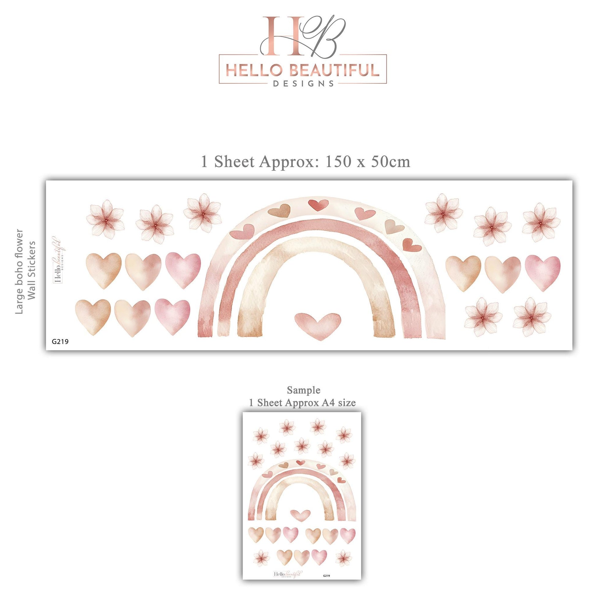 Boho Rainbow Wall Stickers, Girls Nursery Decor, Blush Pink Heart Flower Wall Decals, Neutral Kids Room Baby Nursery Peel and Stick Art