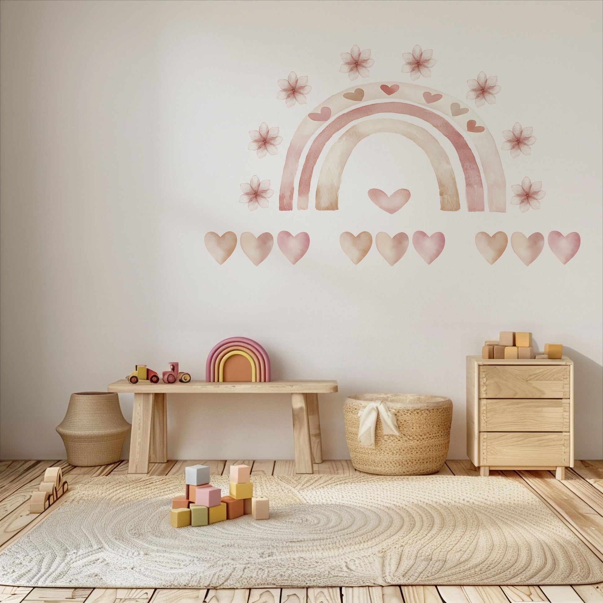 Boho Rainbow Wall Stickers, Girls Nursery Decor, Blush Pink Heart Flower Wall Decals, Neutral Kids Room Baby Nursery Peel and Stick Art