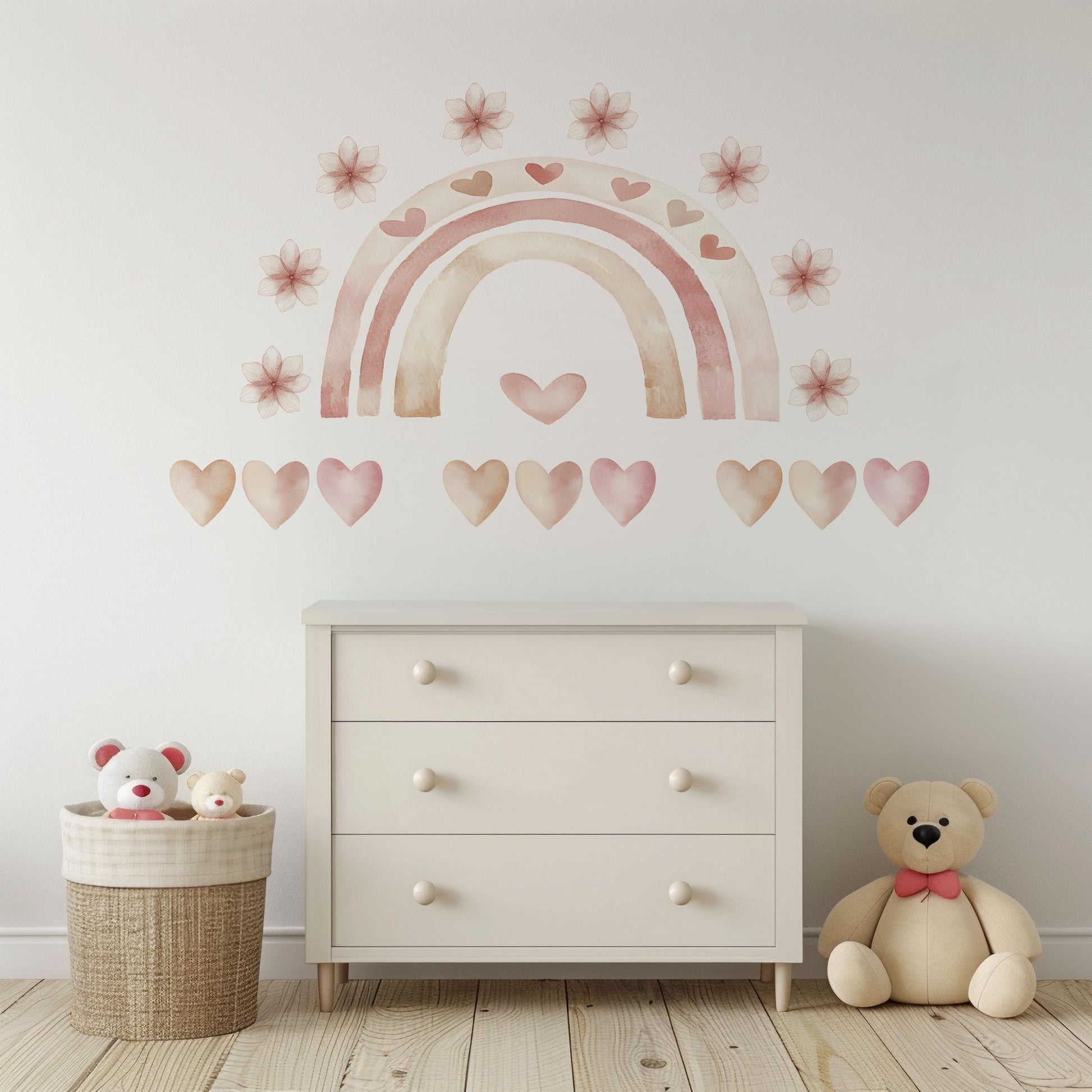 Boho Rainbow Wall Stickers, Girls Nursery Decor, Blush Pink Heart Flower Wall Decals, Neutral Kids Room Baby Nursery Peel and Stick Art