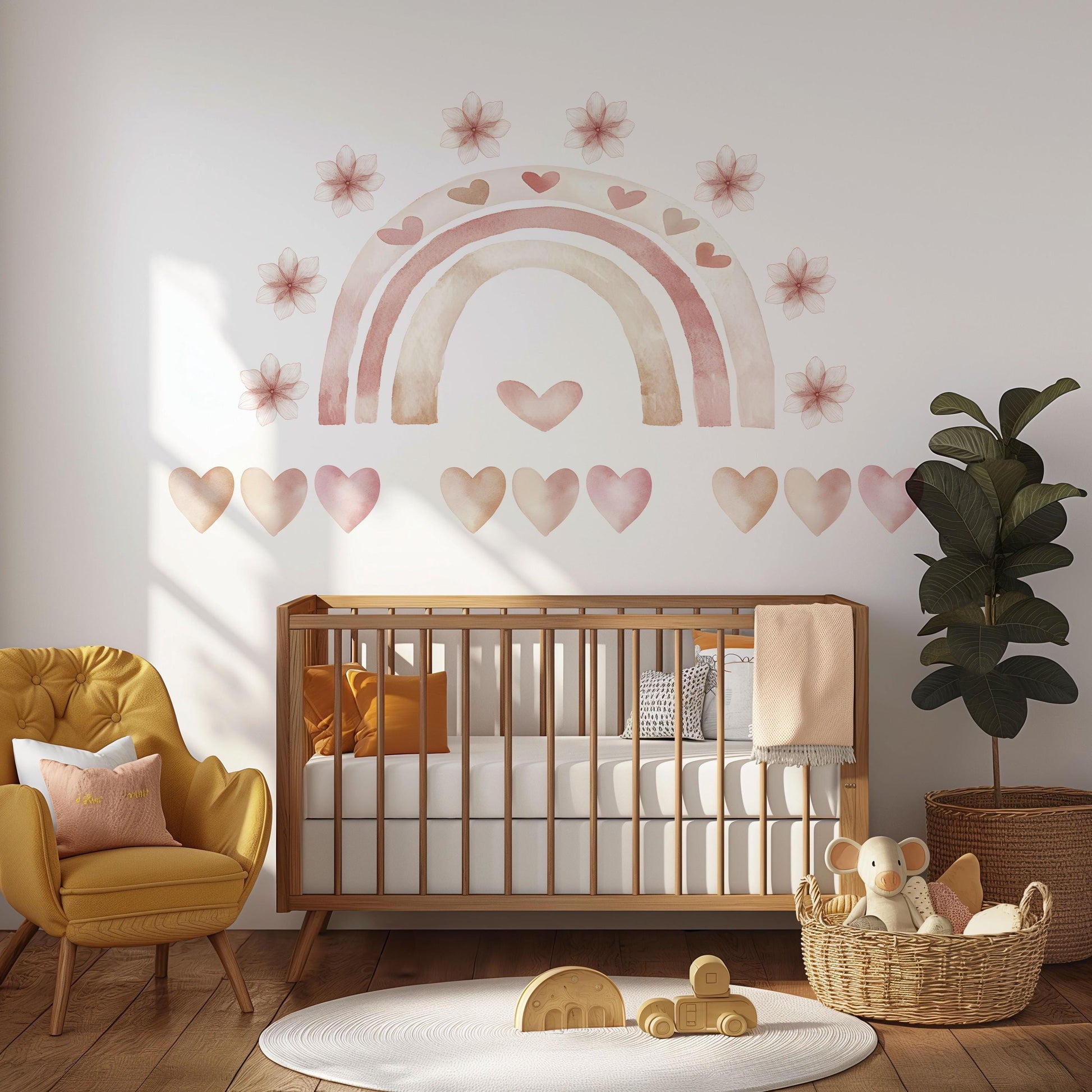 Boho Rainbow Wall Stickers, Girls Nursery Decor, Blush Pink Heart Flower Wall Decals, Neutral Kids Room Baby Nursery Peel and Stick Art