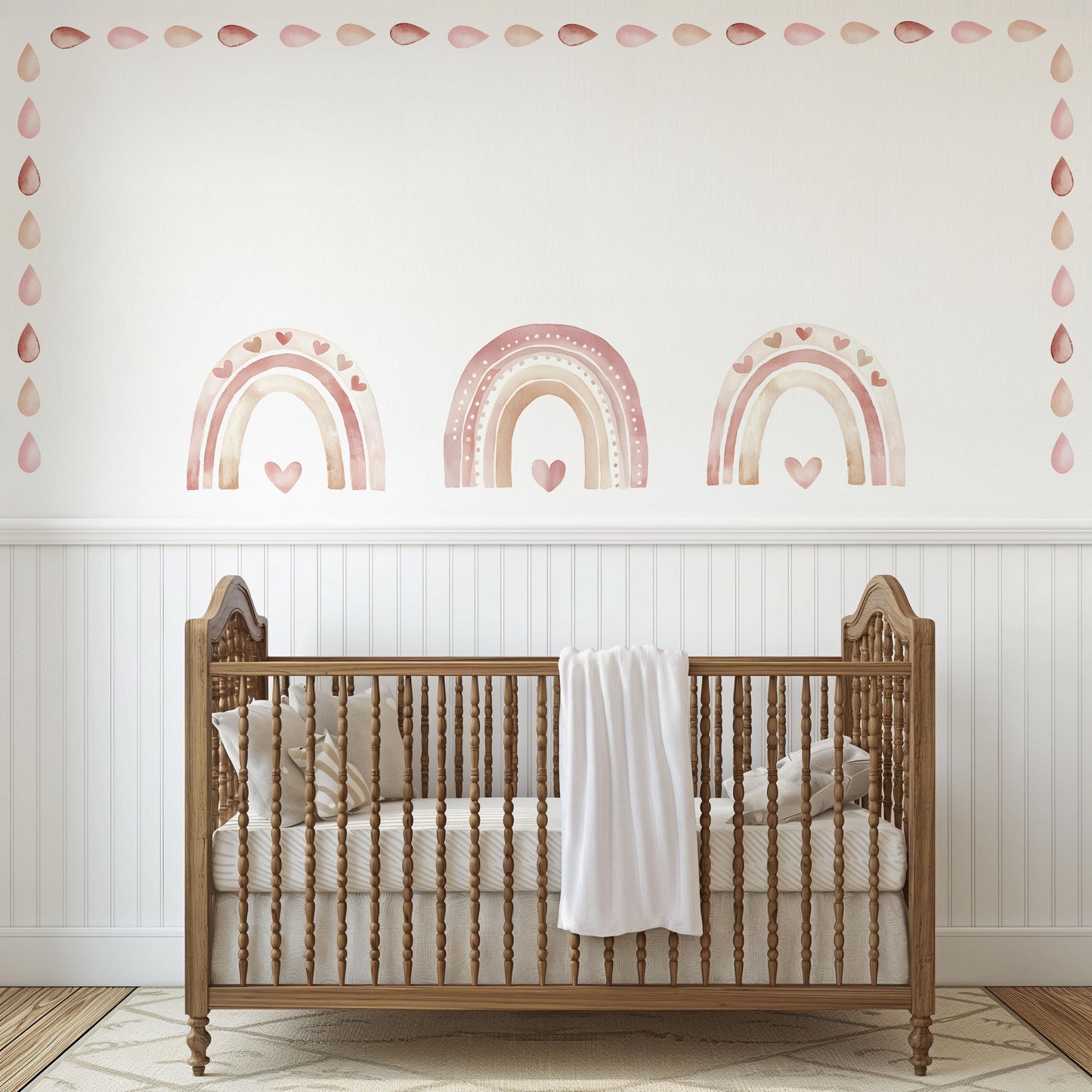 Boho Rainbow Wall Stickers, Neutral Nursery Decor, Blush Pink Rainbow Heart Raindrop Wall Decals, Kids Room Baby Nursery Peel and Stick Art