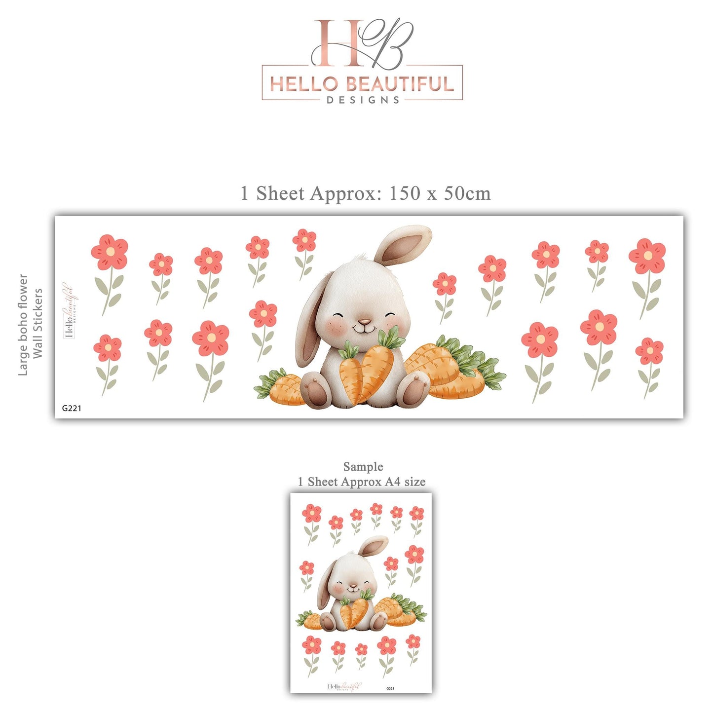 Bunny Wall Stickers, Bunny Nursery Decor, Spring Flower Easter Carrot Wall Decals, Girls Kids Room Baby Nursery Peel and Stick Wall Art
