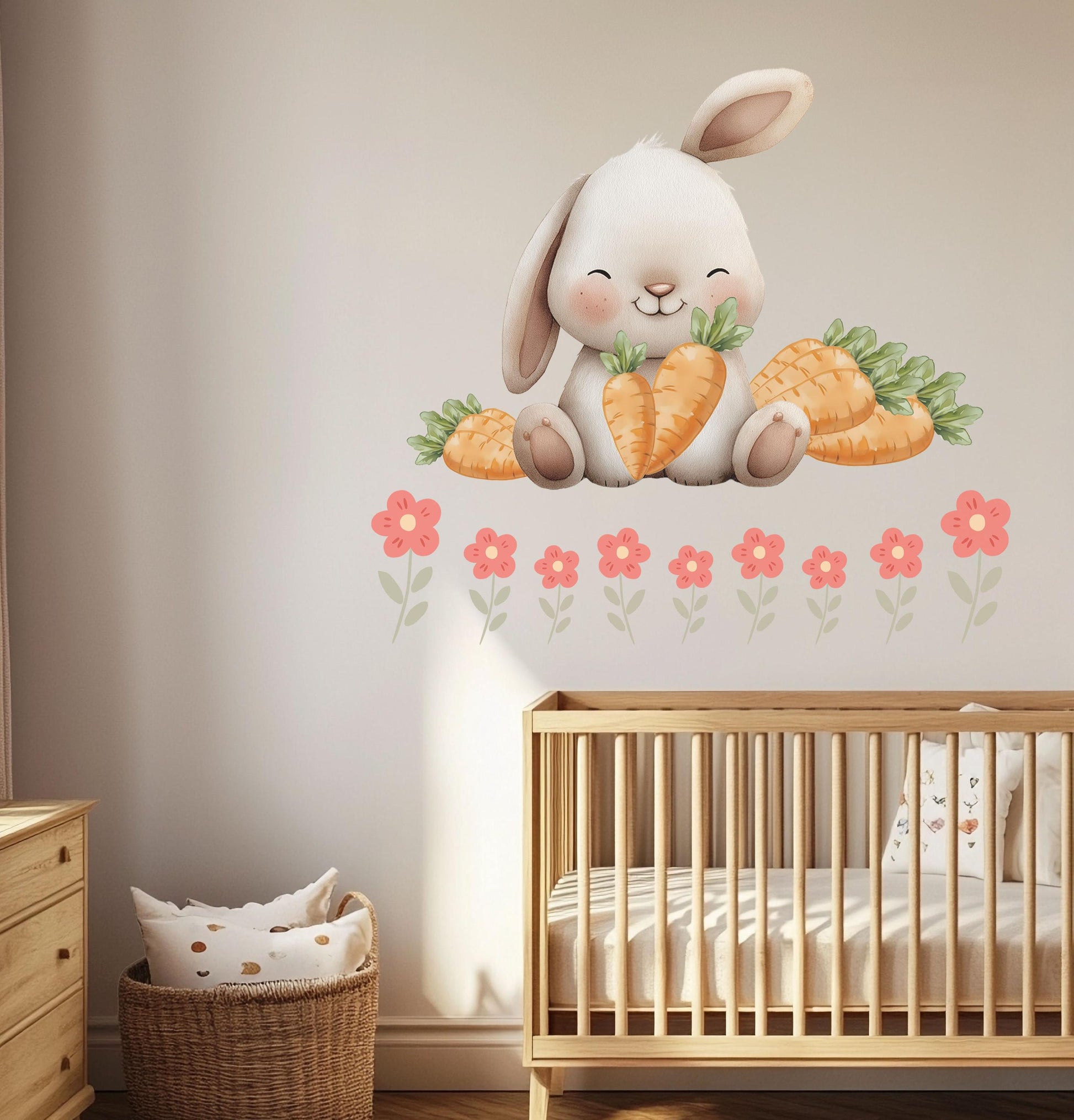 Bunny Wall Stickers, Bunny Nursery Decor, Spring Flower Easter Carrot Wall Decals, Girls Kids Room Baby Nursery Peel and Stick Wall Art