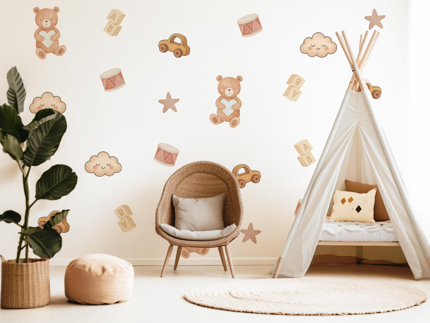 Teddy Bear & Toys Wall Stickers, Neutral Nursery Decor, Toy Car Building Blocks Kids Room Wall Decals, Baby Room Peel and Stick Wall Art