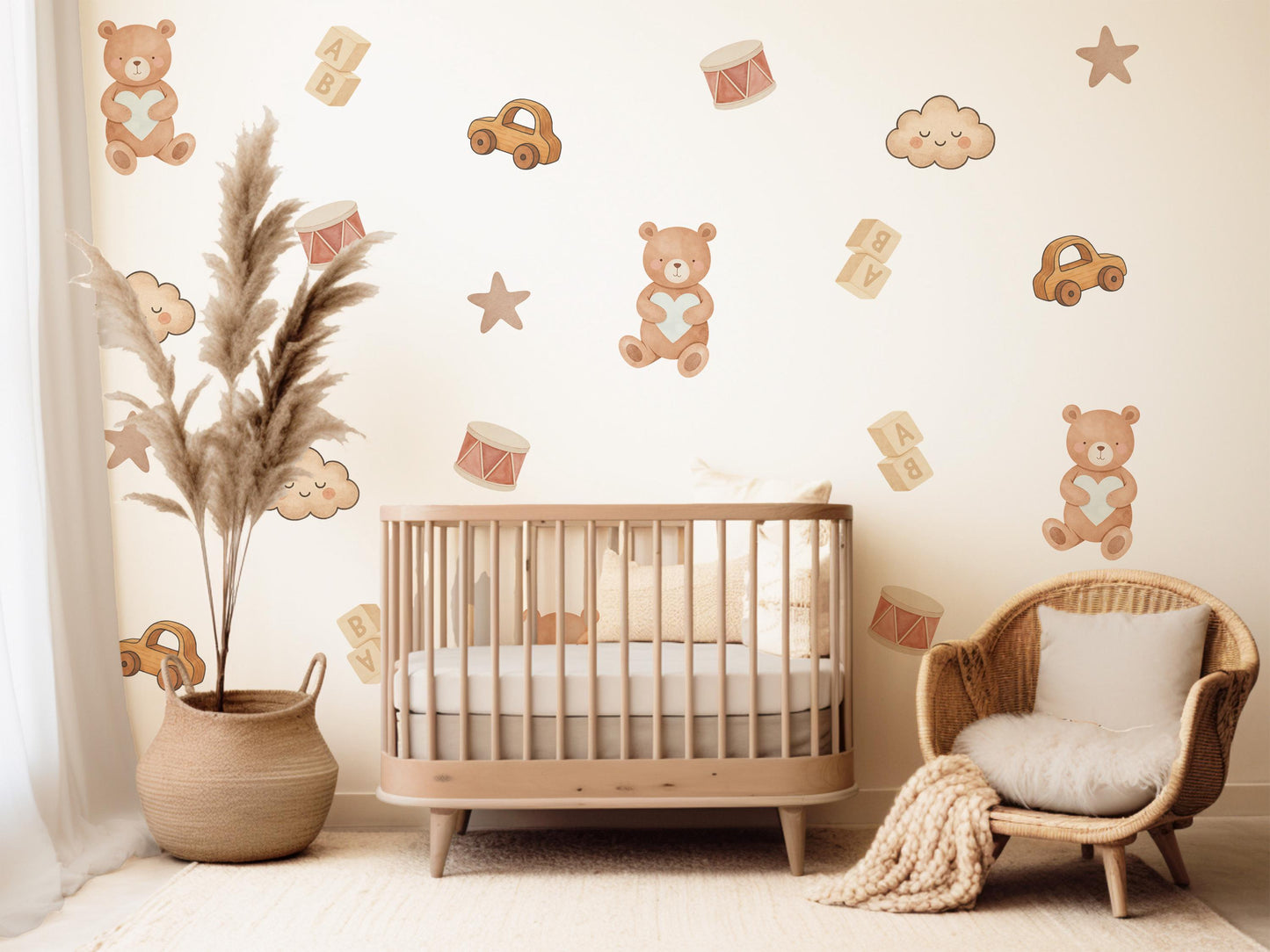 Teddy Bear & Toys Wall Stickers, Neutral Nursery Decor, Toy Car Building Blocks Kids Room Wall Decals, Baby Room Peel and Stick Wall Art