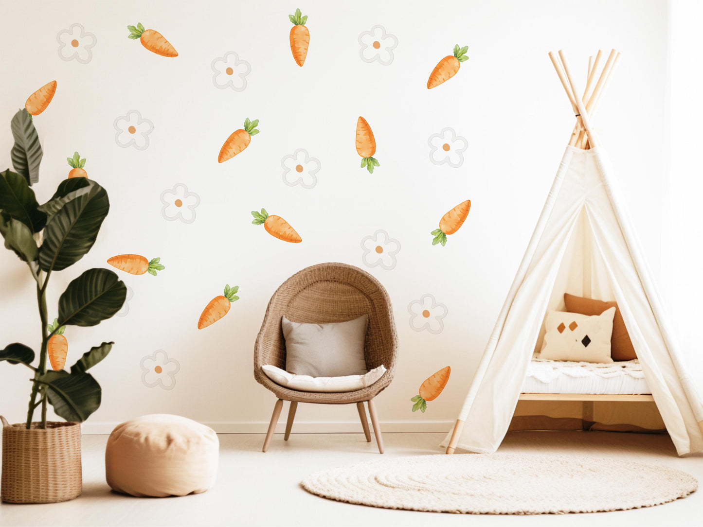 Carrot Wall Stickers, Spring Easter Nursery Decor, Neutral Daisy Flower Wall Decals, Kids Room Baby Nursery Peel and Stick Wall Art