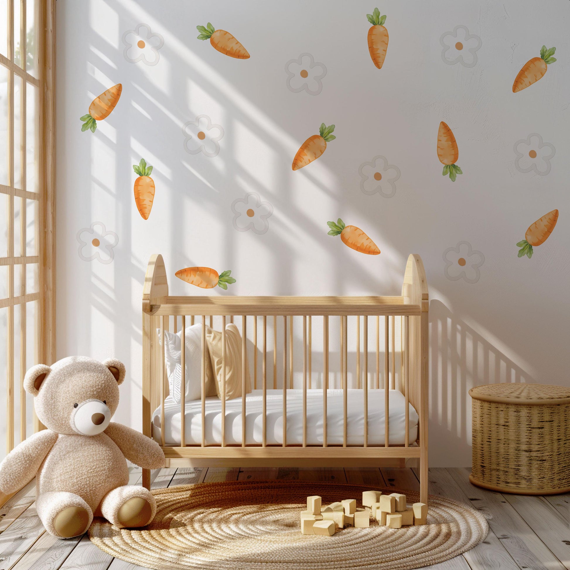Carrot Wall Stickers, Spring Easter Nursery Decor, Neutral Daisy Flower Wall Decals, Kids Room Baby Nursery Peel and Stick Wall Art
