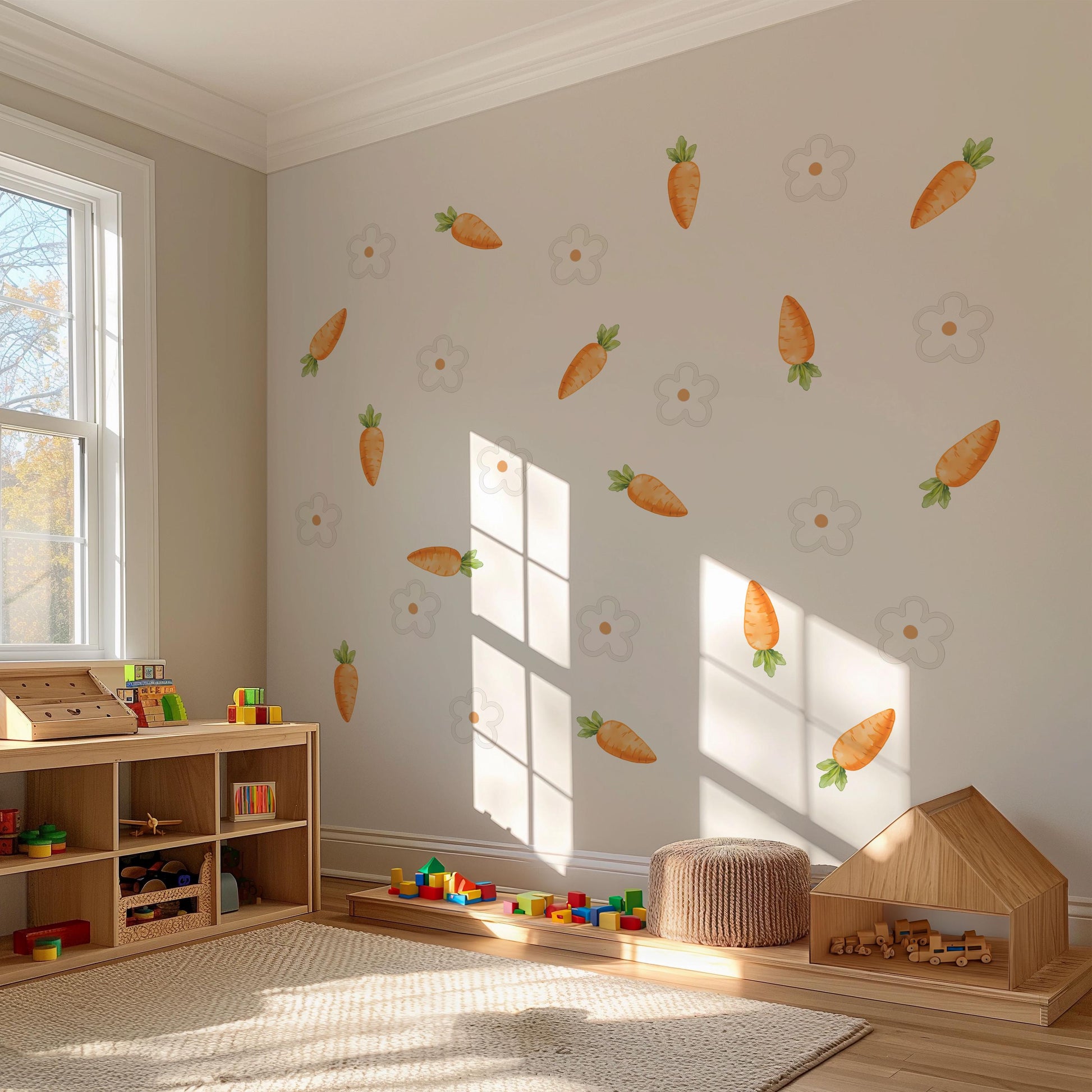 Carrot Wall Stickers, Spring Easter Nursery Decor, Neutral Daisy Flower Wall Decals, Kids Room Baby Nursery Peel and Stick Wall Art