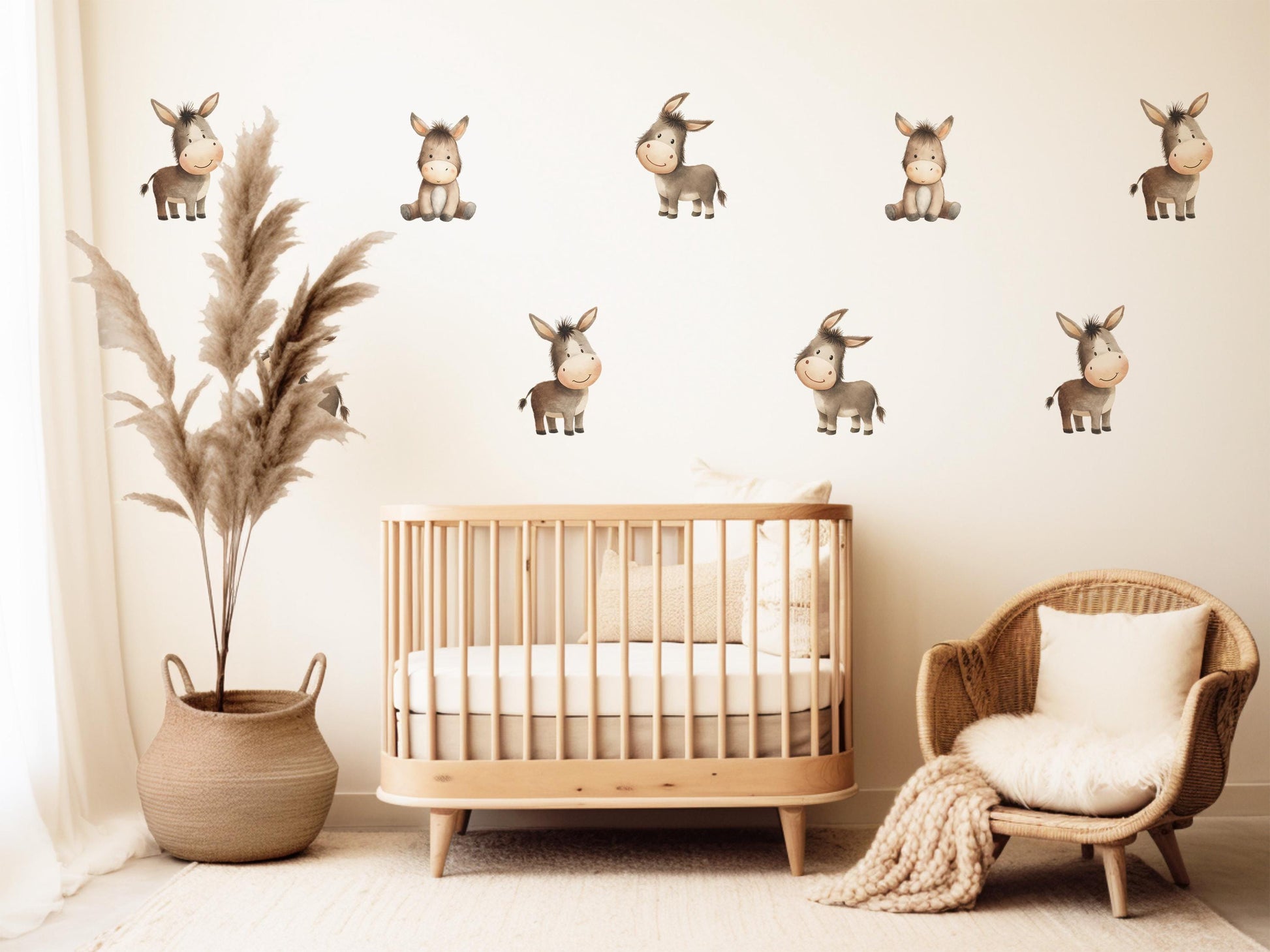 Donkey Wall Stickers, Farm Nursery Decor, Neutral Baby Donkey Animal Wall Decals, Gender Neutral Boho Kids Room Peel and Stick Wall Art