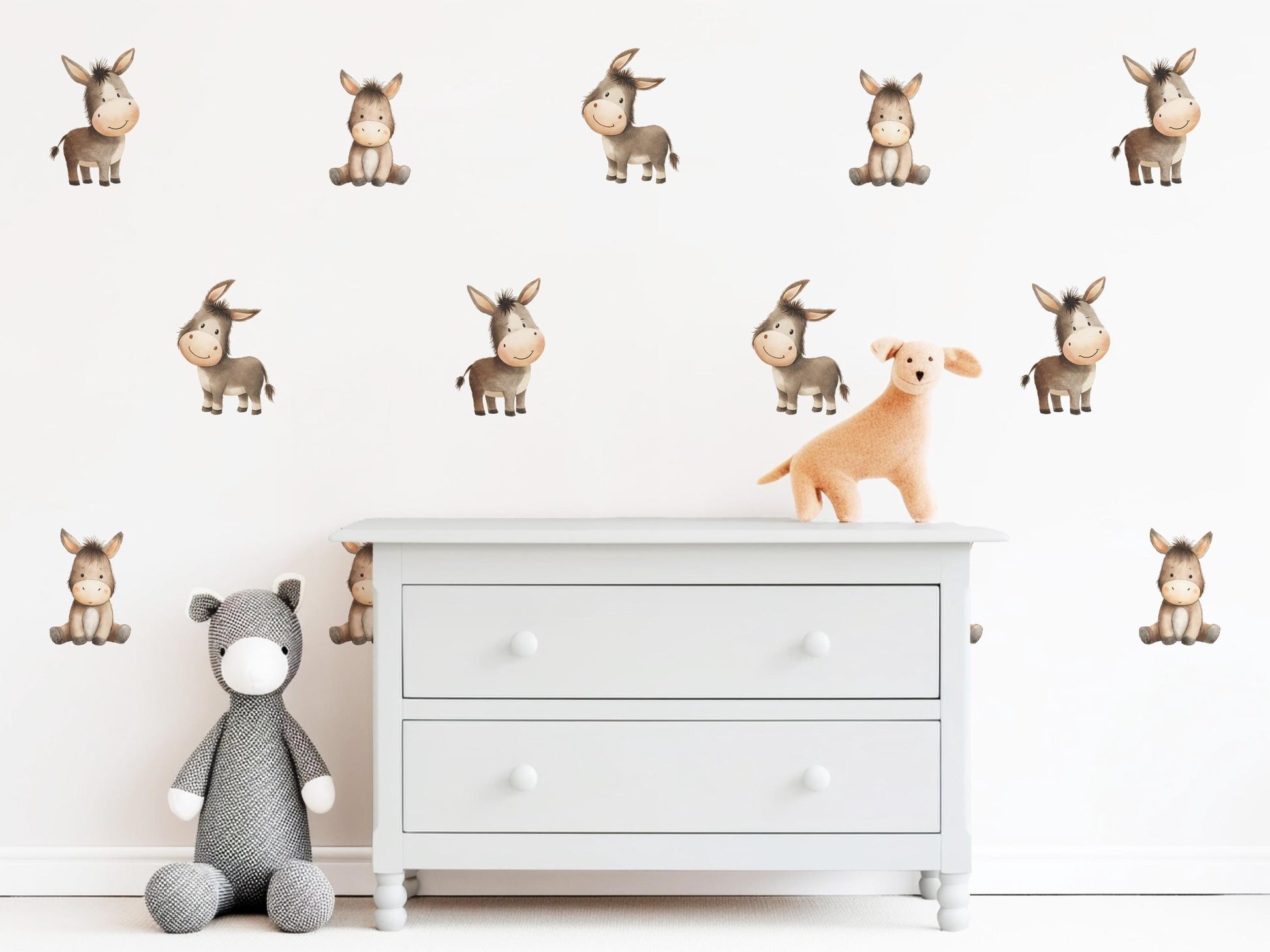 Donkey Wall Stickers, Farm Nursery Decor, Neutral Baby Donkey Animal Wall Decals, Gender Neutral Boho Kids Room Peel and Stick Wall Art