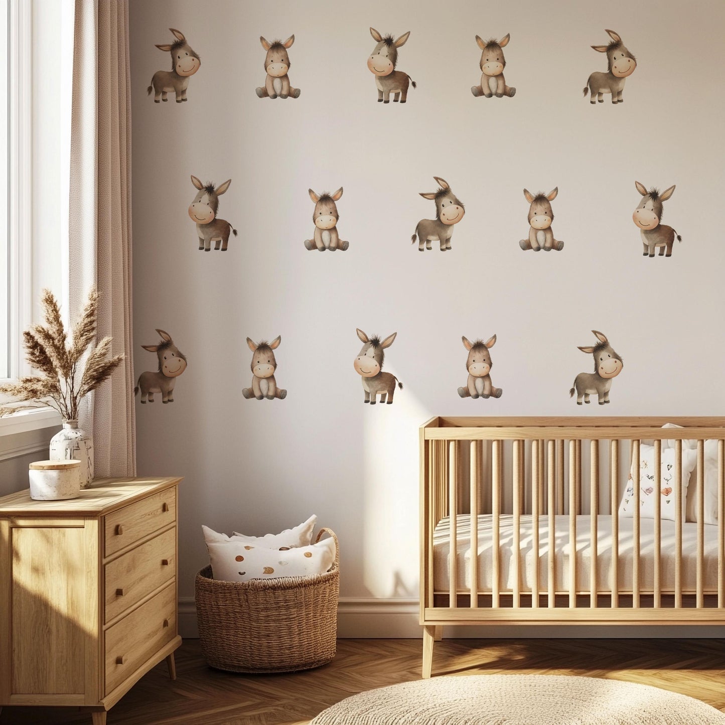 Donkey Wall Stickers, Farm Nursery Decor, Neutral Baby Donkey Animal Wall Decals, Gender Neutral Boho Kids Room Peel and Stick Wall Art