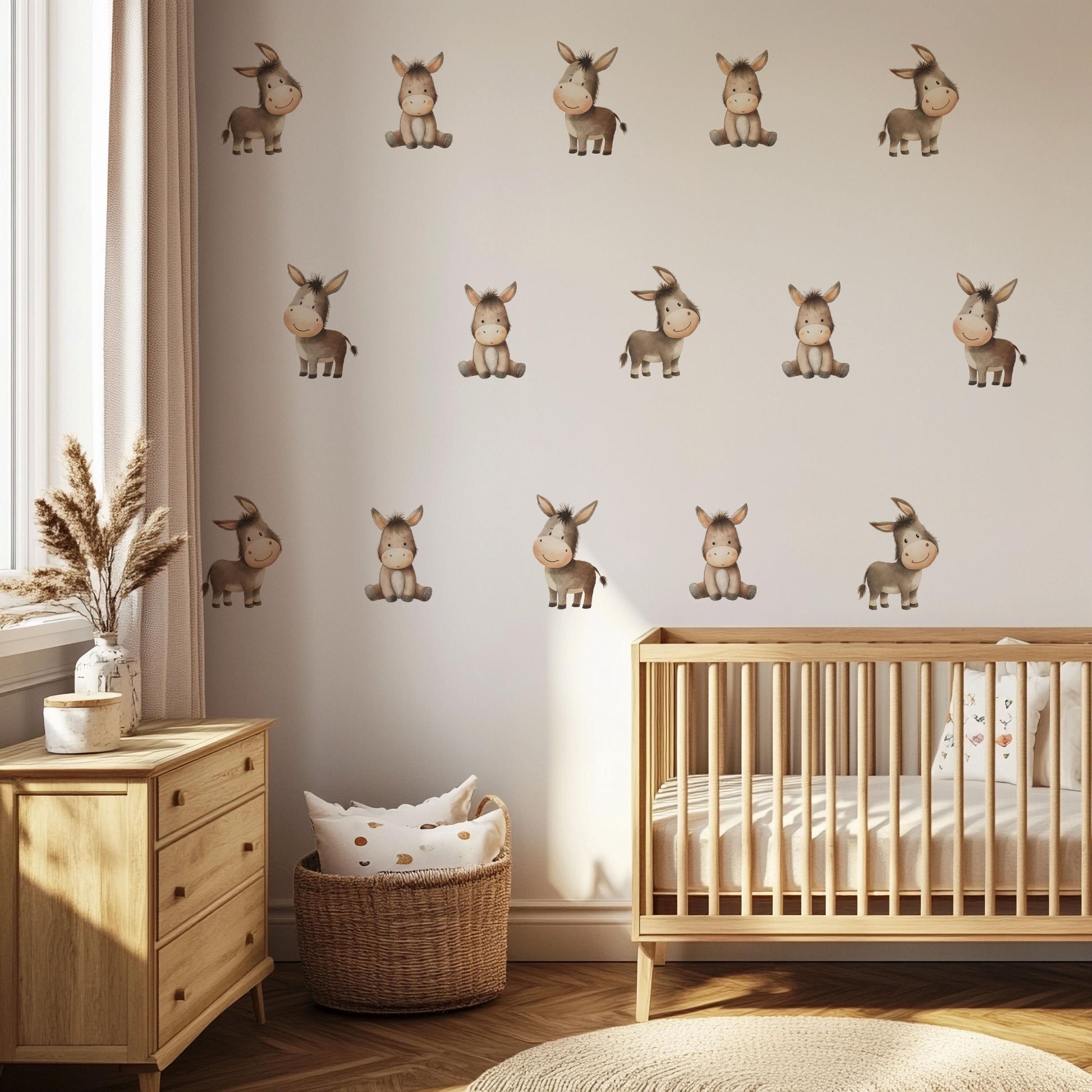 Donkey Wall Stickers, Farm Nursery Decor, Neutral Baby Donkey Animal Wall Decals, Gender Neutral Boho Kids Room Peel and Stick Wall Art