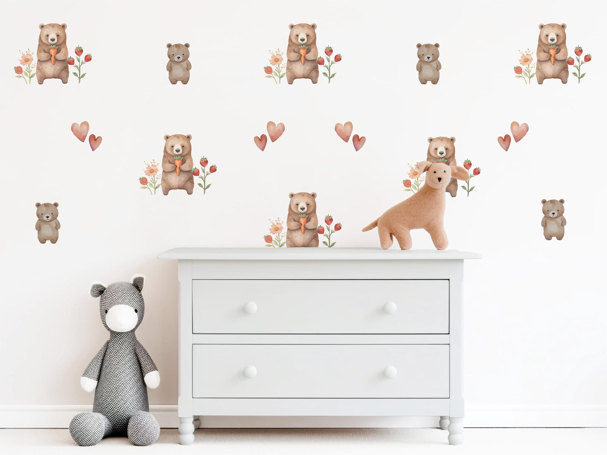 Bear Wall Stickers, Woodland Nursery Decor, Neutral Teddy Bear Strawberry Heart Wall Decals, Kids Room Baby Nursery Peel and Stick Art