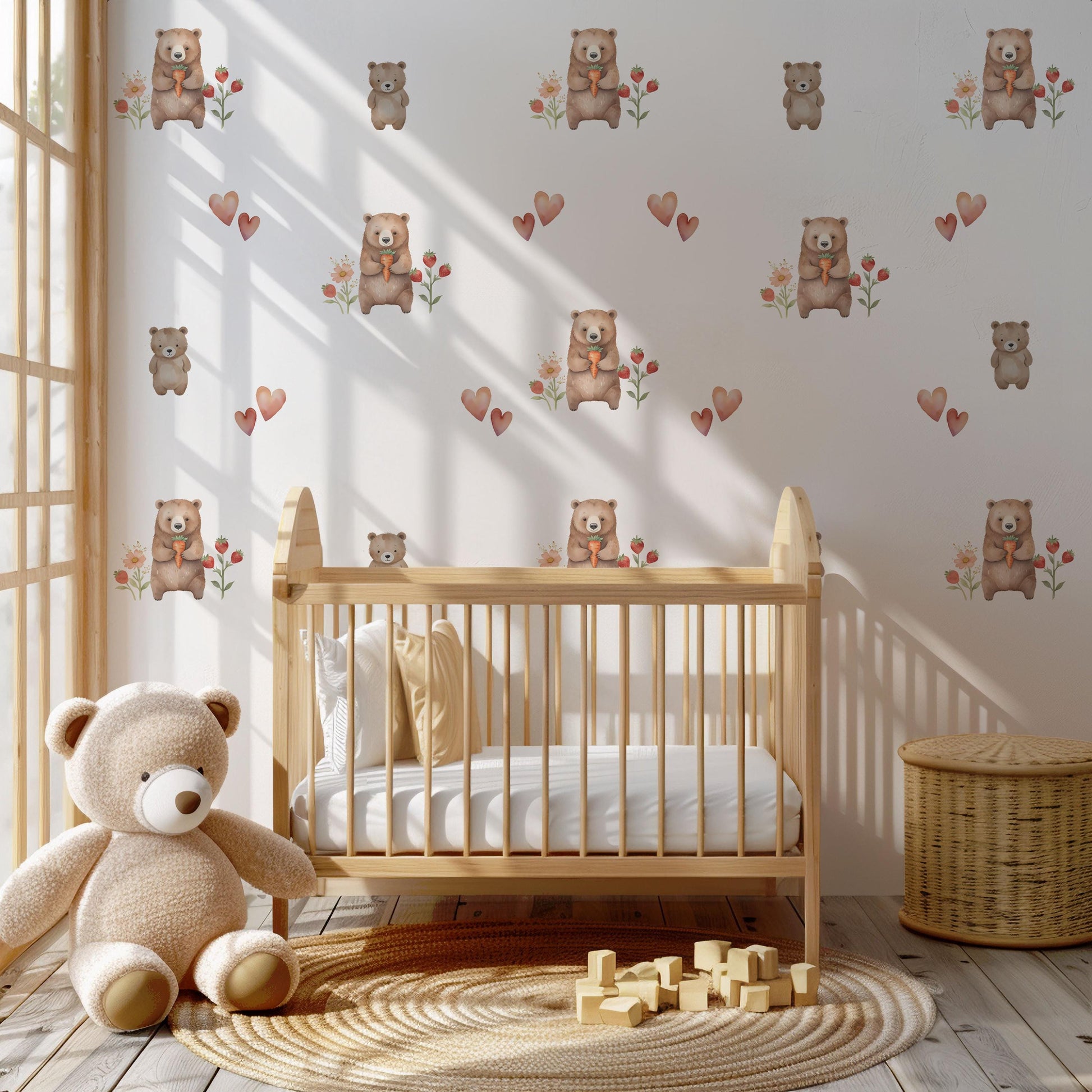 Bear Wall Stickers, Woodland Nursery Decor, Neutral Teddy Bear Strawberry Heart Wall Decals, Kids Room Baby Nursery Peel and Stick Art