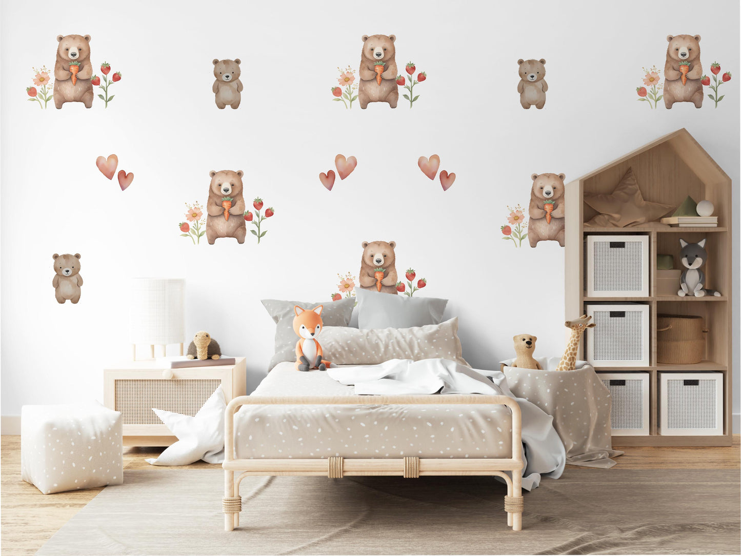 Bear Wall Stickers, Woodland Nursery Decor, Neutral Teddy Bear Strawberry Heart Wall Decals, Kids Room Baby Nursery Peel and Stick Art