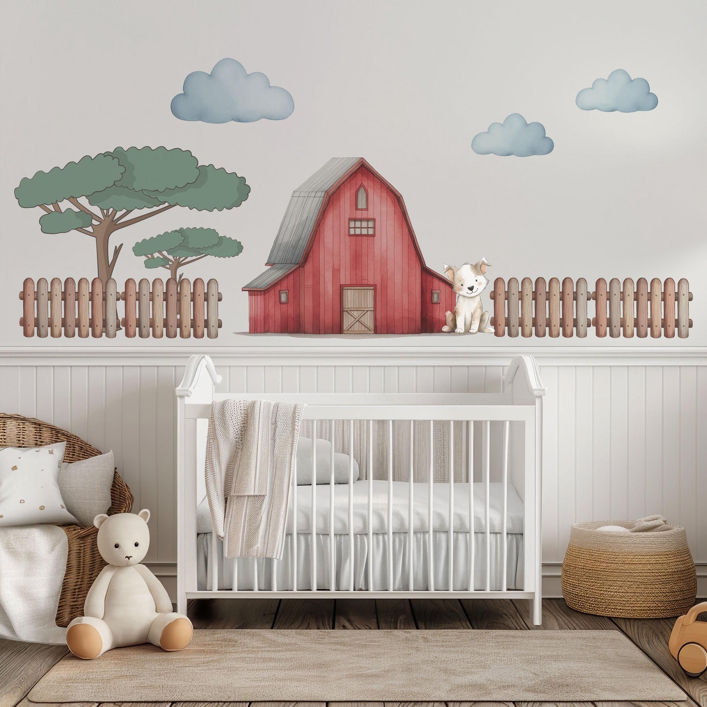 Farm Wall Stickers, Barn Nursery Decor, Red Barn Puppy Tree Fence Wall Decals, Boys Kids Room Baby Nursery Peel and Stick Wall Art
