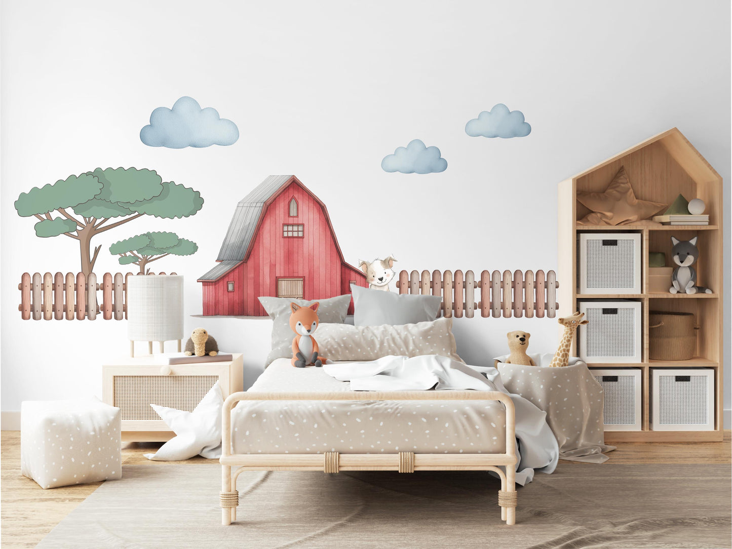 Farm Wall Stickers, Barn Nursery Decor, Red Barn Puppy Tree Fence Wall Decals, Boys Kids Room Baby Nursery Peel and Stick Wall Art