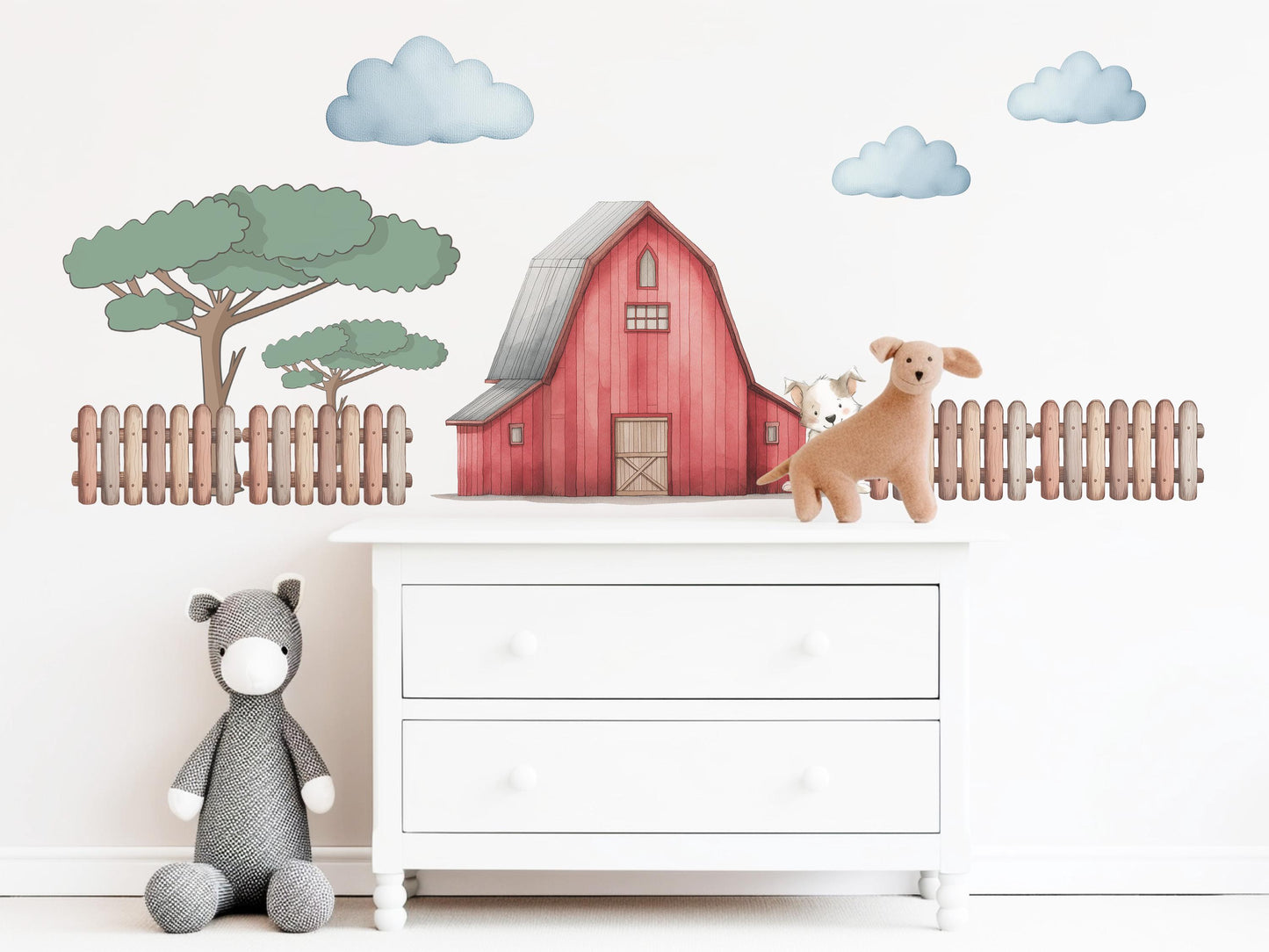Farm Wall Stickers, Barn Nursery Decor, Red Barn Puppy Tree Fence Wall Decals, Boys Kids Room Baby Nursery Peel and Stick Wall Art