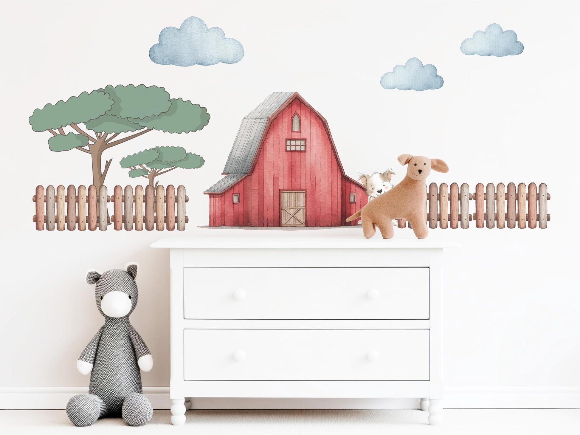Farm Wall Stickers, Barn Nursery Decor, Red Barn Puppy Tree Fence Wall Decals, Boys Kids Room Baby Nursery Peel and Stick Wall Art