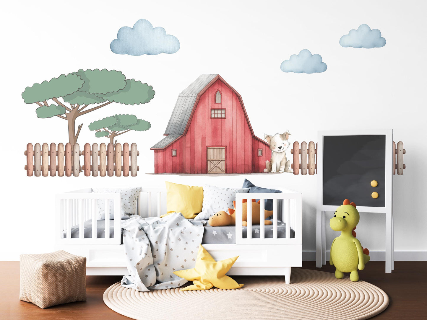 Farm Wall Stickers, Barn Nursery Decor, Red Barn Puppy Tree Fence Wall Decals, Boys Kids Room Baby Nursery Peel and Stick Wall Art
