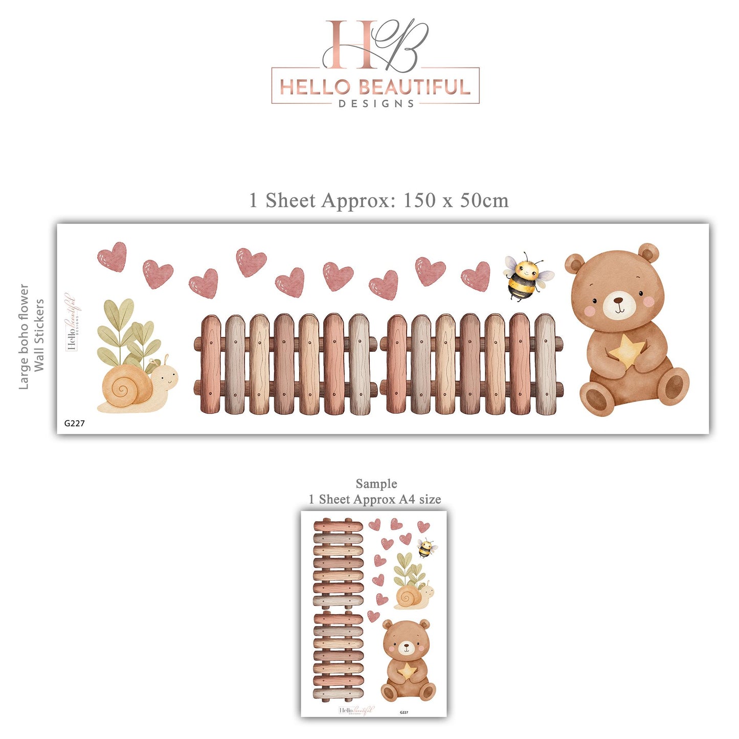 Teddy Bear Wall Stickers, Neutral Nursery Decor, Boho Bear Heart Bee Snail Wall Decals, Kids Room Baby Nursery Peel and Stick Wall Art