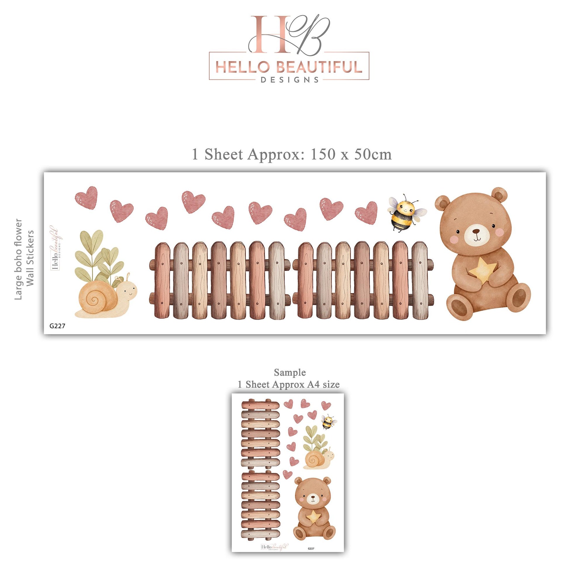 Teddy Bear Wall Stickers, Neutral Nursery Decor, Boho Bear Heart Bee Snail Wall Decals, Kids Room Baby Nursery Peel and Stick Wall Art