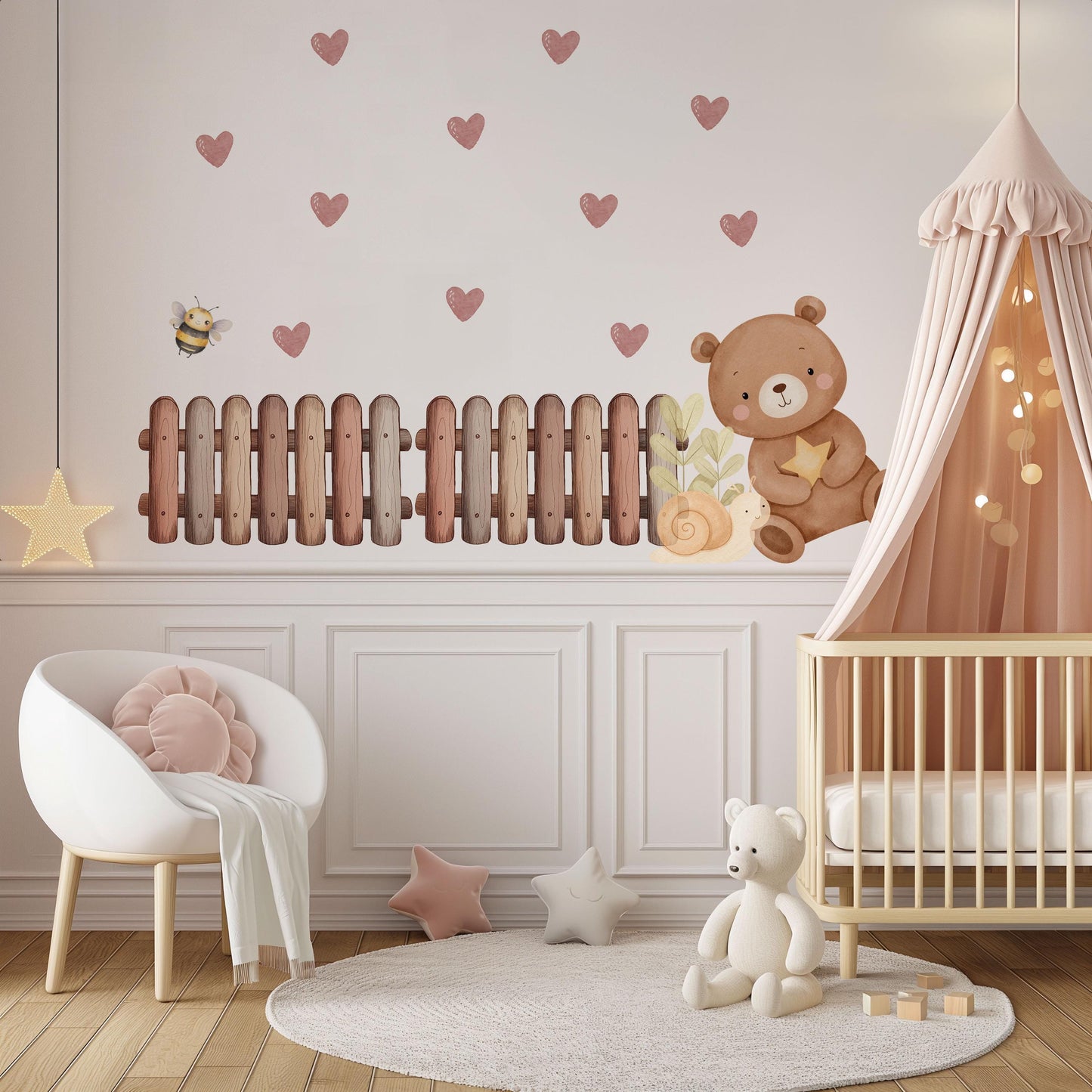 Teddy Bear Wall Stickers, Neutral Nursery Decor, Boho Bear Heart Bee Snail Wall Decals, Kids Room Baby Nursery Peel and Stick Wall Art