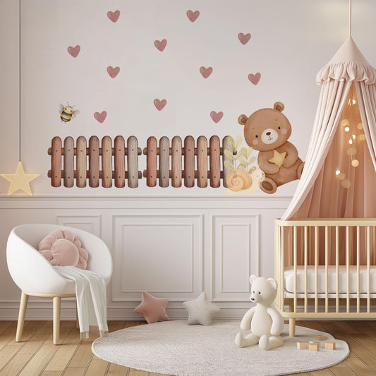 Teddy Bear Wall Stickers, Neutral Nursery Decor, Boho Bear Heart Bee Snail Wall Decals, Kids Room Baby Nursery Peel and Stick Wall Art