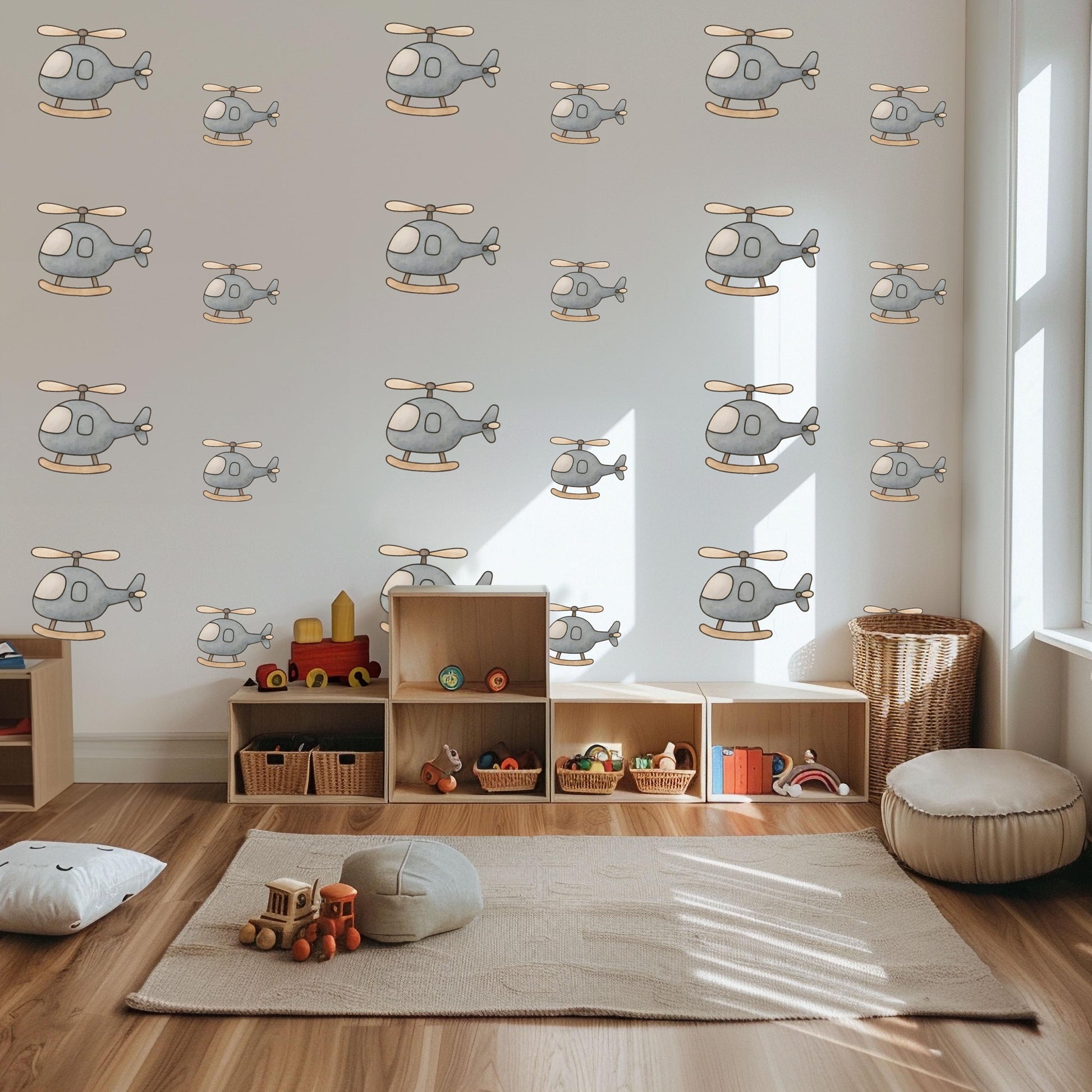 Helicopter Wall Stickers, Boys Nursery Decor, Grey Transport Wall Decals, Kids Room Playroom Baby Boy Nursery Peel and Stick Wall Art