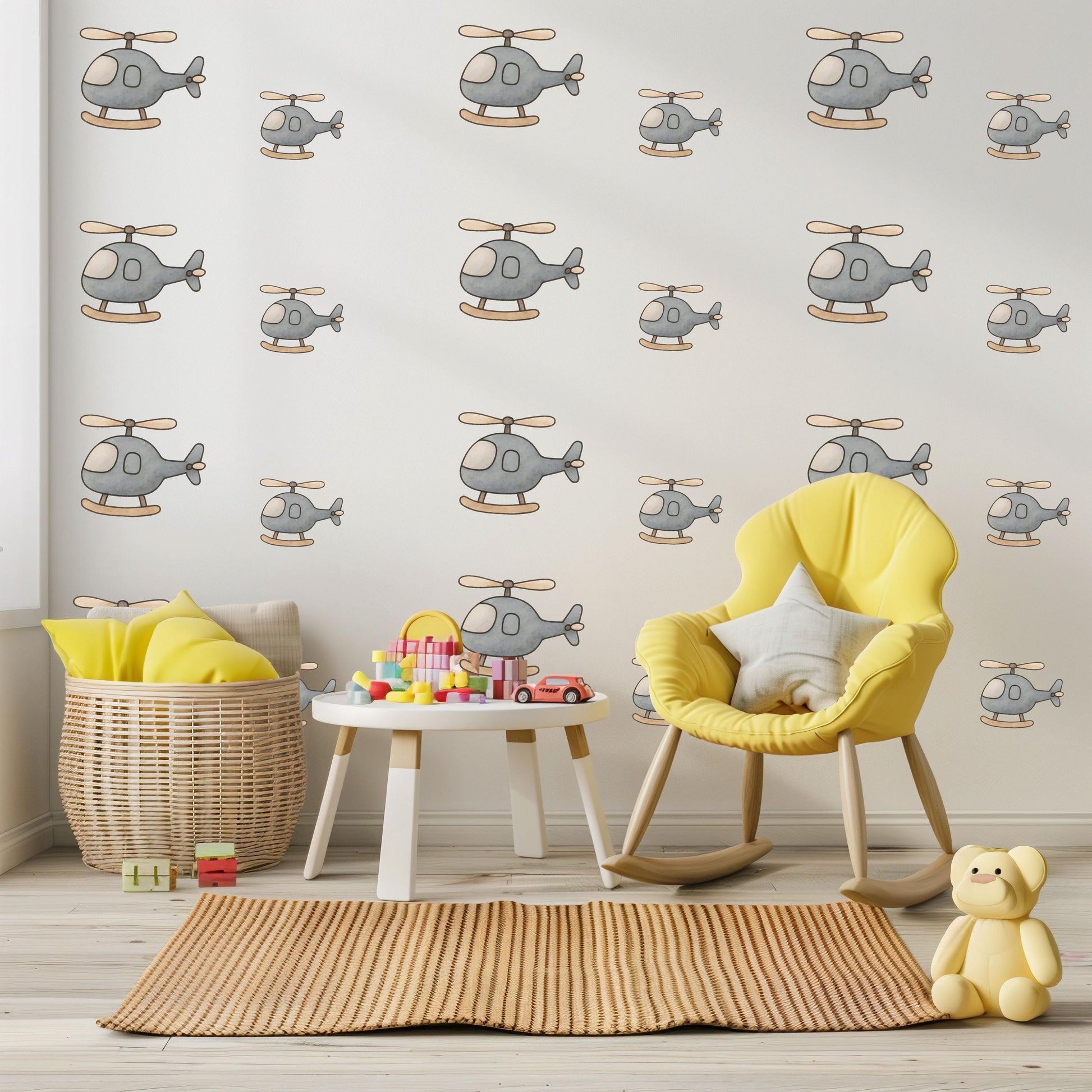 Helicopter Wall Stickers, Boys Nursery Decor, Grey Transport Wall Decals, Kids Room Playroom Baby Boy Nursery Peel and Stick Wall Art