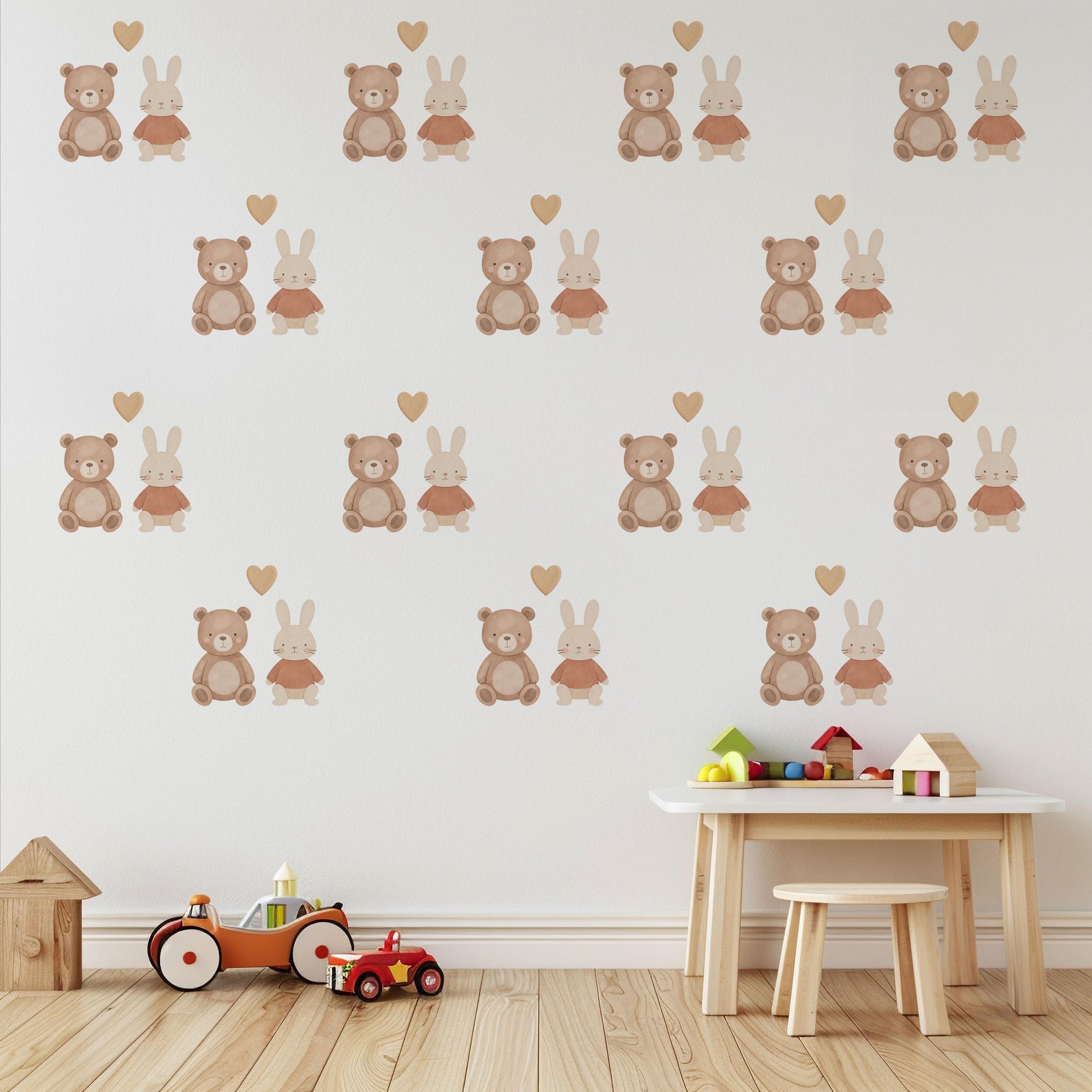 Teddy Bear & Bunny Wall Stickers, Neutral Nursery Decor, Rabbit Heart Wall Decals, Kids Room Baby Nursery Peel and Stick Wall Art