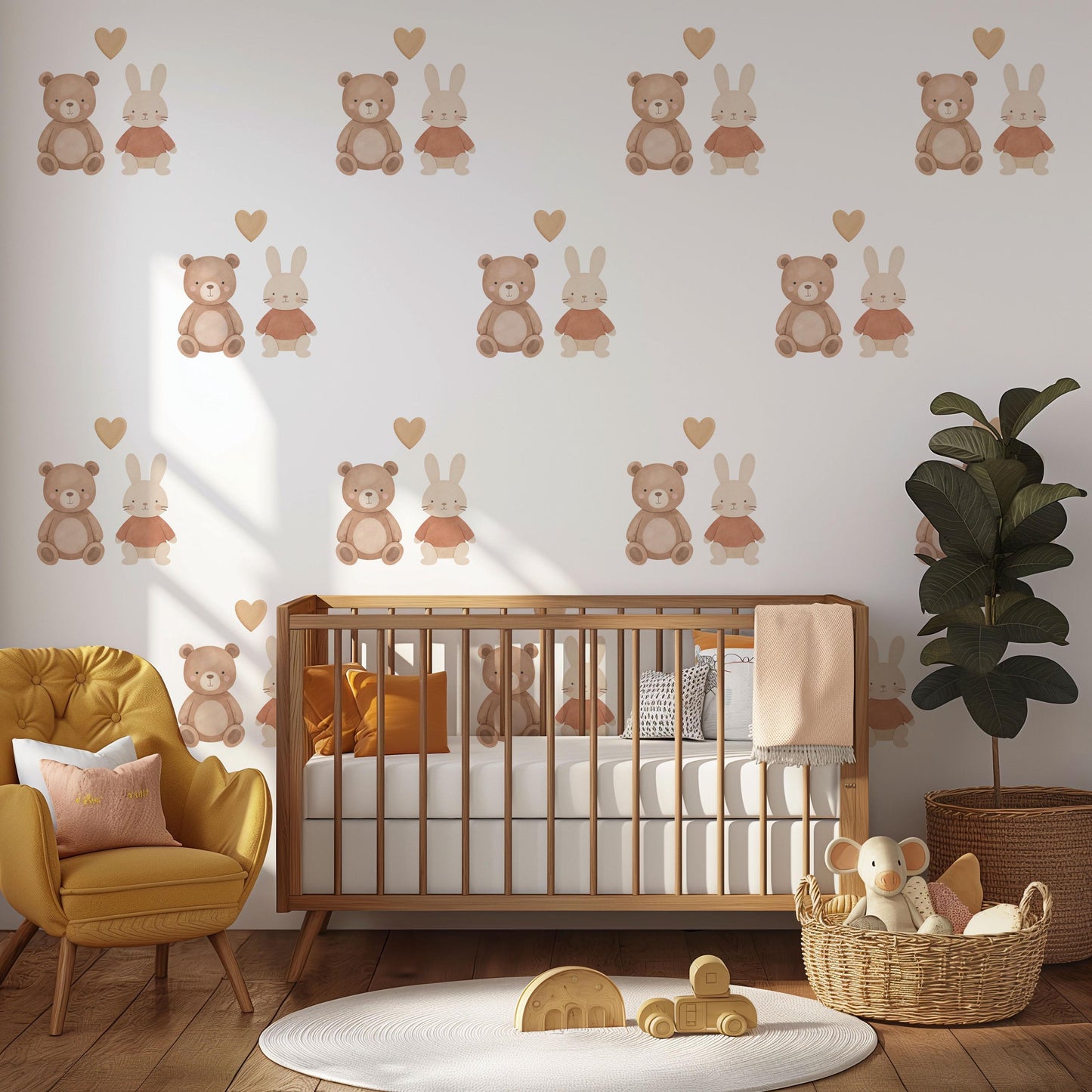 Teddy Bear & Bunny Wall Stickers, Neutral Nursery Decor, Rabbit Heart Wall Decals, Kids Room Baby Nursery Peel and Stick Wall Art