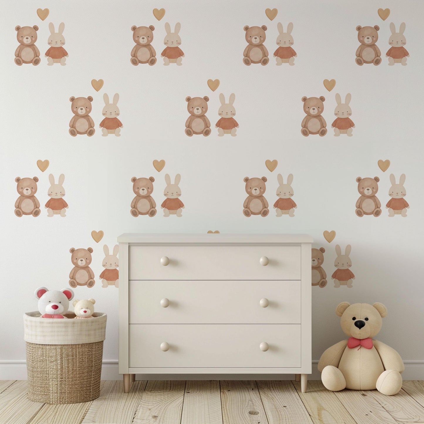 Teddy Bear & Bunny Wall Stickers, Neutral Nursery Decor, Rabbit Heart Wall Decals, Kids Room Baby Nursery Peel and Stick Wall Art