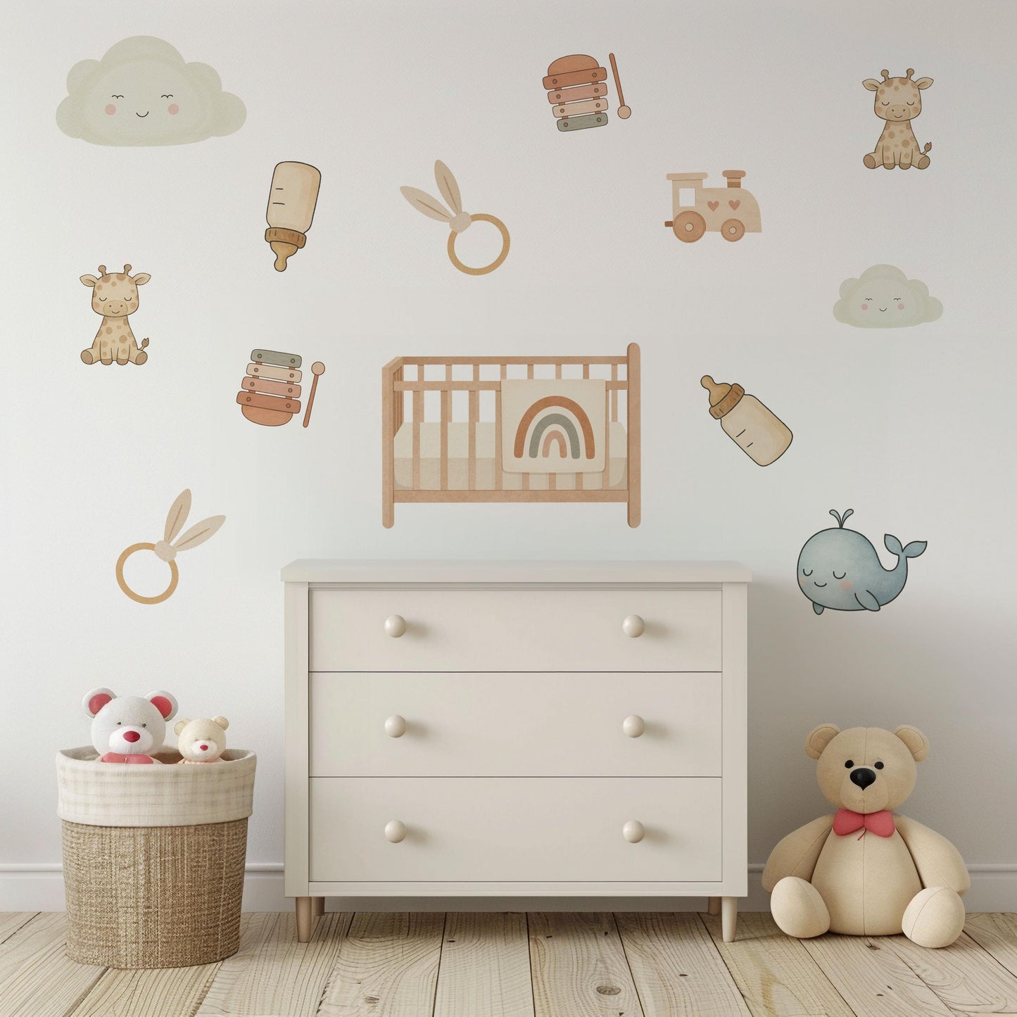 Baby Nursery Wall Stickers, Neutral Nursery Decor, Giraffe Whale Cloud Wall Decals, Kids Room Baby Boy Girl Peel and Stick Wall Art