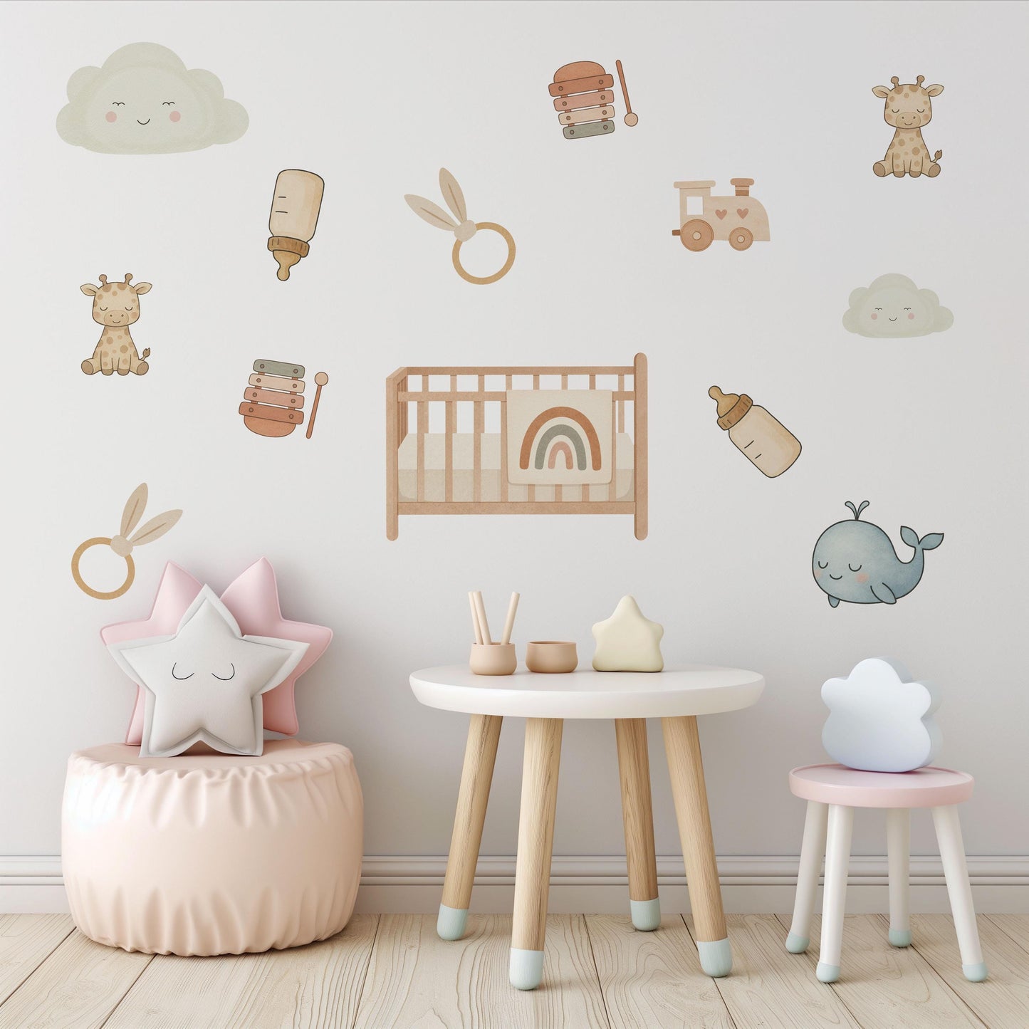 Baby Nursery Wall Stickers, Neutral Nursery Decor, Giraffe Whale Cloud Wall Decals, Kids Room Baby Boy Girl Peel and Stick Wall Art