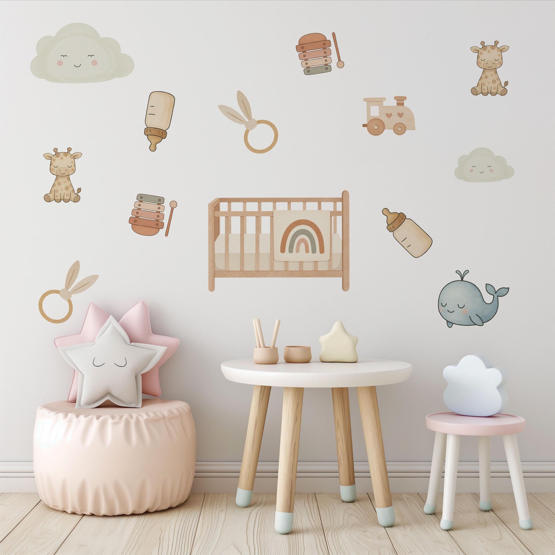 Baby Nursery Wall Stickers, Neutral Nursery Decor, Giraffe Whale Cloud Wall Decals, Kids Room Baby Boy Girl Peel and Stick Wall Art