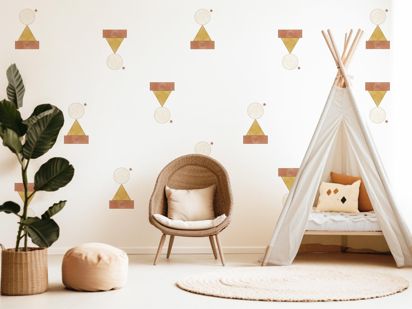 Boho Shapes Wall Stickers, Neutral Nursery Decor, Geometric Abstract Wall Decals, Terracotta Mustard Kids Room Peel and Stick Wall Art