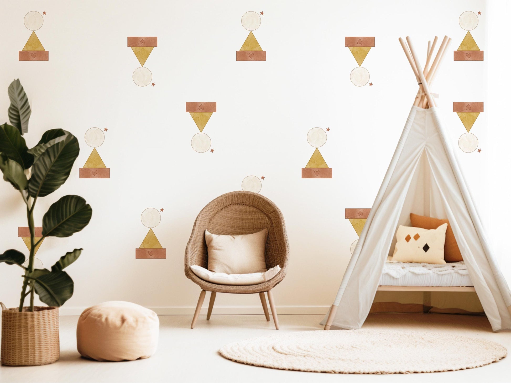 Boho Shapes Wall Stickers, Neutral Nursery Decor, Geometric Abstract Wall Decals, Terracotta Mustard Kids Room Peel and Stick Wall Art