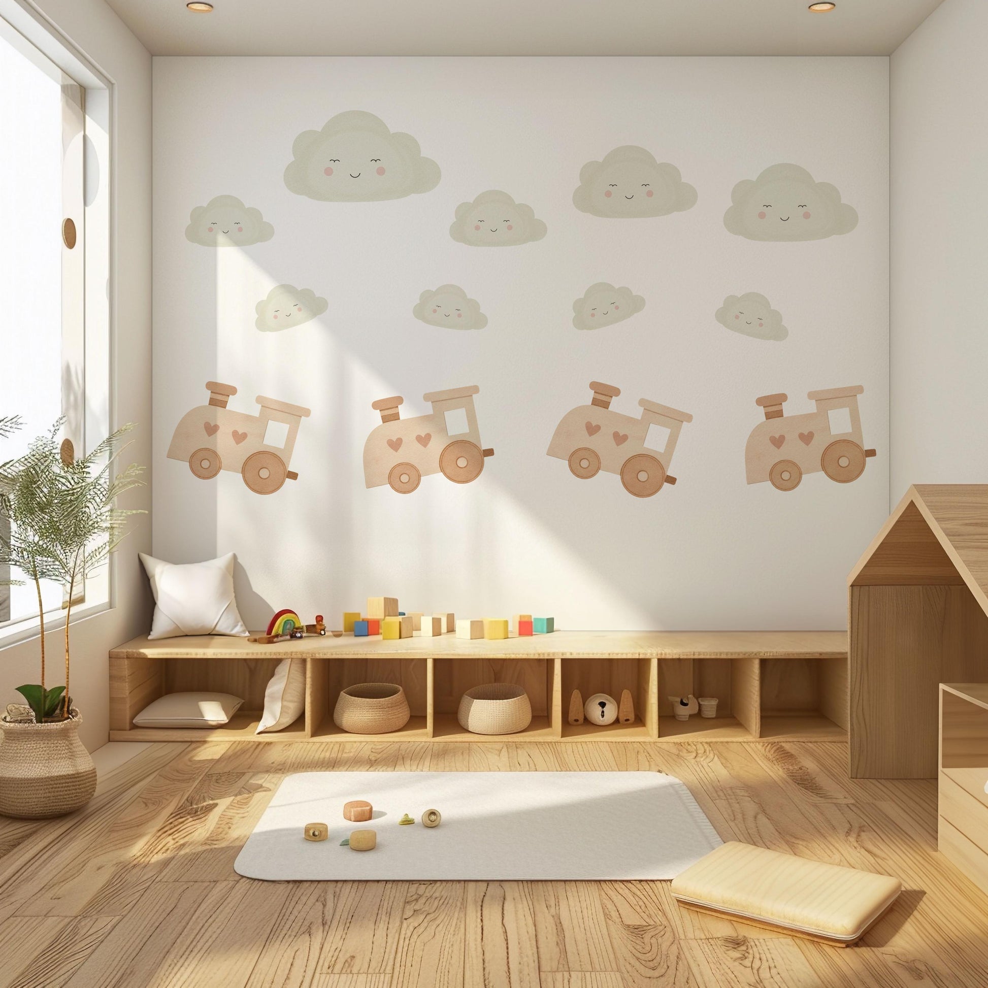 Train and Cloud Wall Stickers, Neutral Nursery Decor, Boho Transport Wall Decals, Kids Room Baby Boy Nursery Peel and Stick Wall Art
