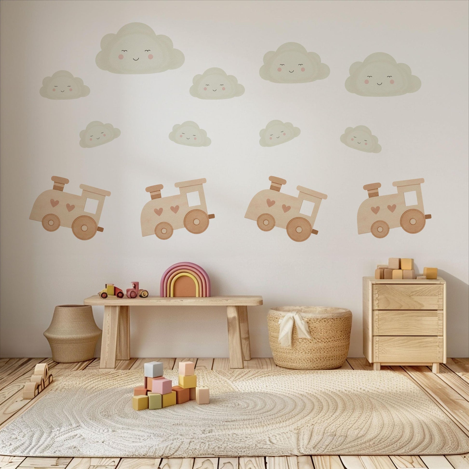 Train and Cloud Wall Stickers, Neutral Nursery Decor, Boho Transport Wall Decals, Kids Room Baby Boy Nursery Peel and Stick Wall Art
