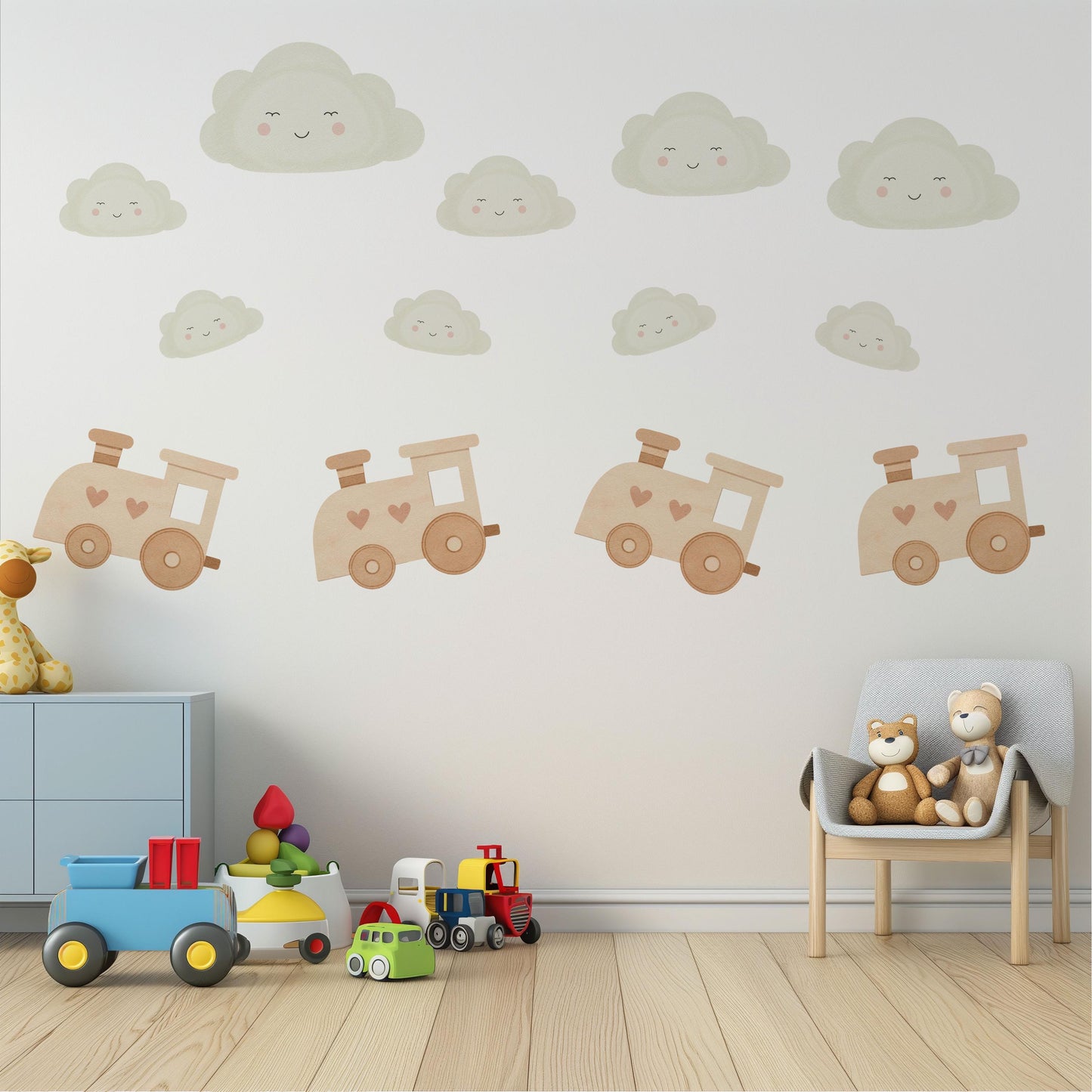 Train and Cloud Wall Stickers, Neutral Nursery Decor, Boho Transport Wall Decals, Kids Room Baby Boy Nursery Peel and Stick Wall Art
