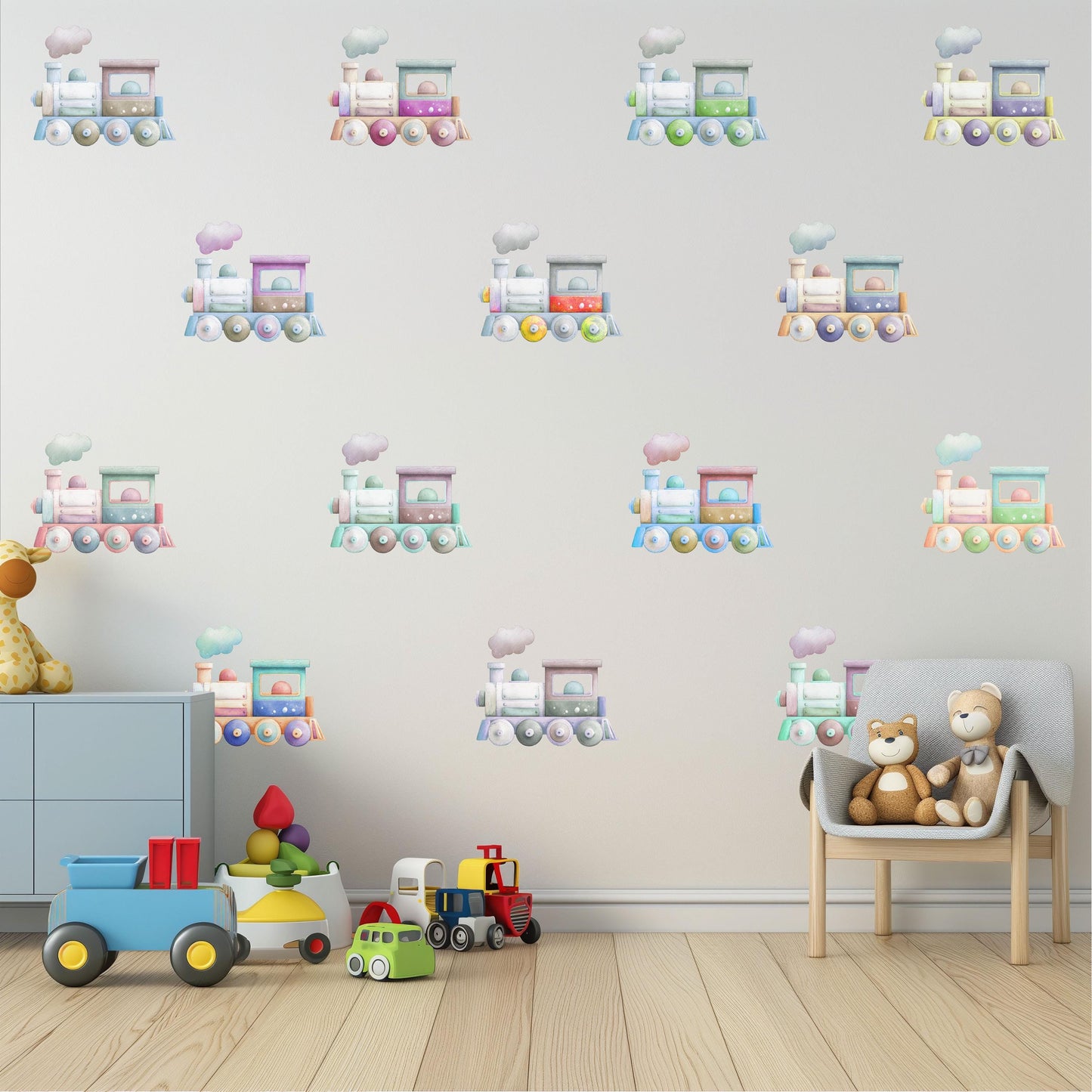 Train Wall Stickers, Pastel Nursery Decor, Colourful Watercolour Train Wall Decals, Kids Room Playroom Transport Peel and Stick Wall Art
