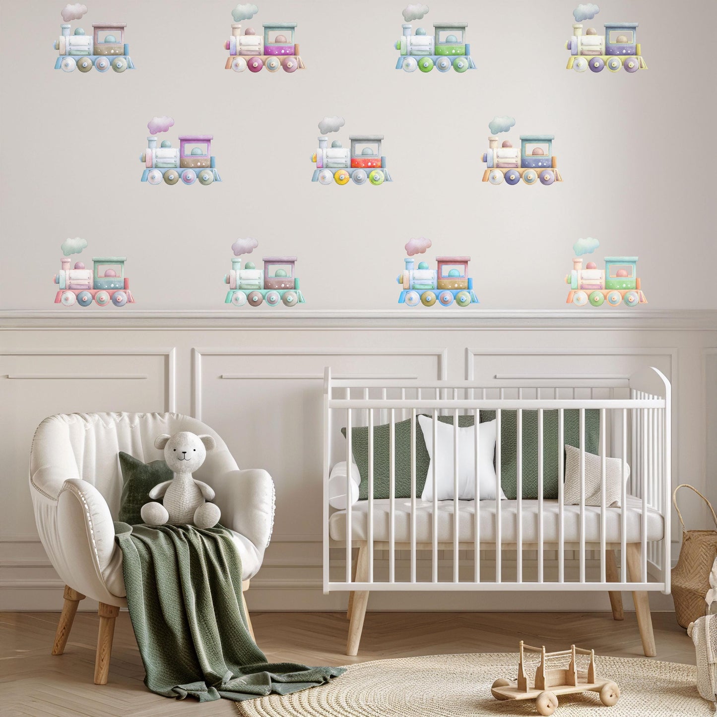 Train Wall Stickers, Pastel Nursery Decor, Colourful Watercolour Train Wall Decals, Kids Room Playroom Transport Peel and Stick Wall Art