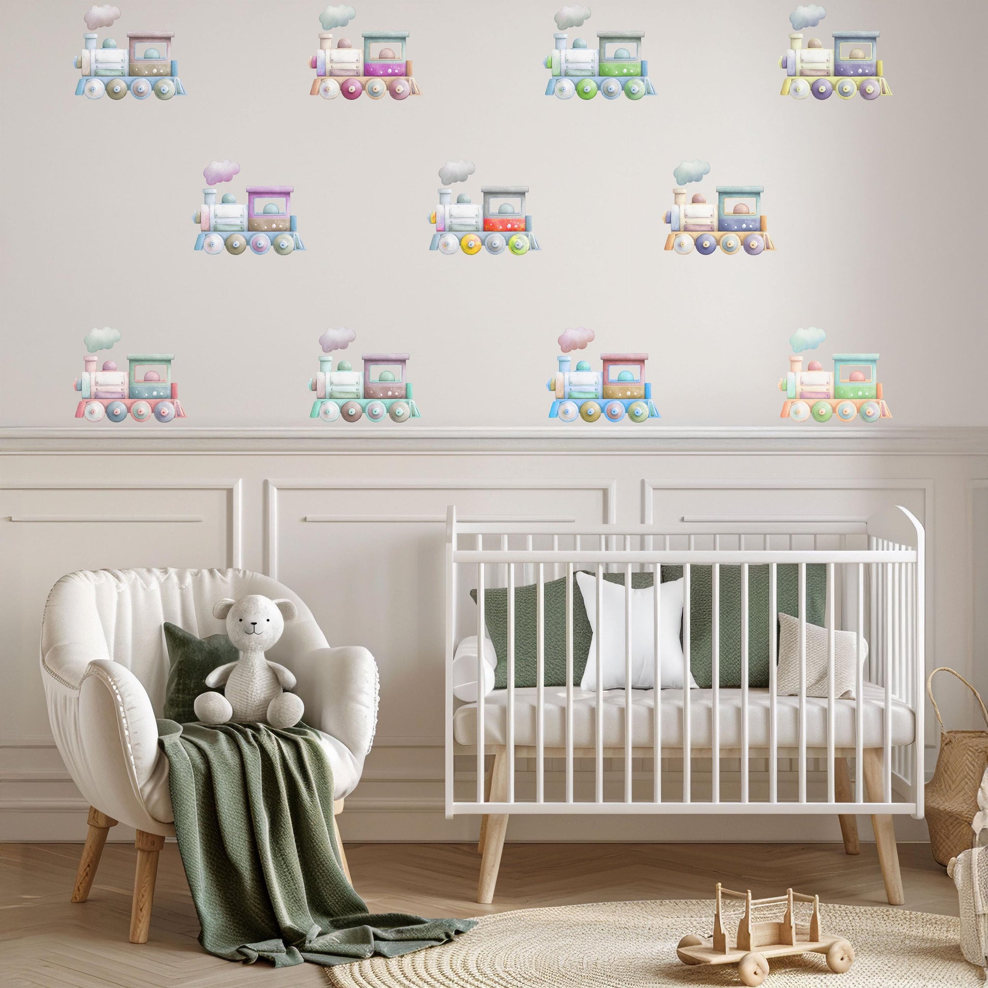Train Wall Stickers, Pastel Nursery Decor, Colourful Watercolour Train Wall Decals, Kids Room Playroom Transport Peel and Stick Wall Art