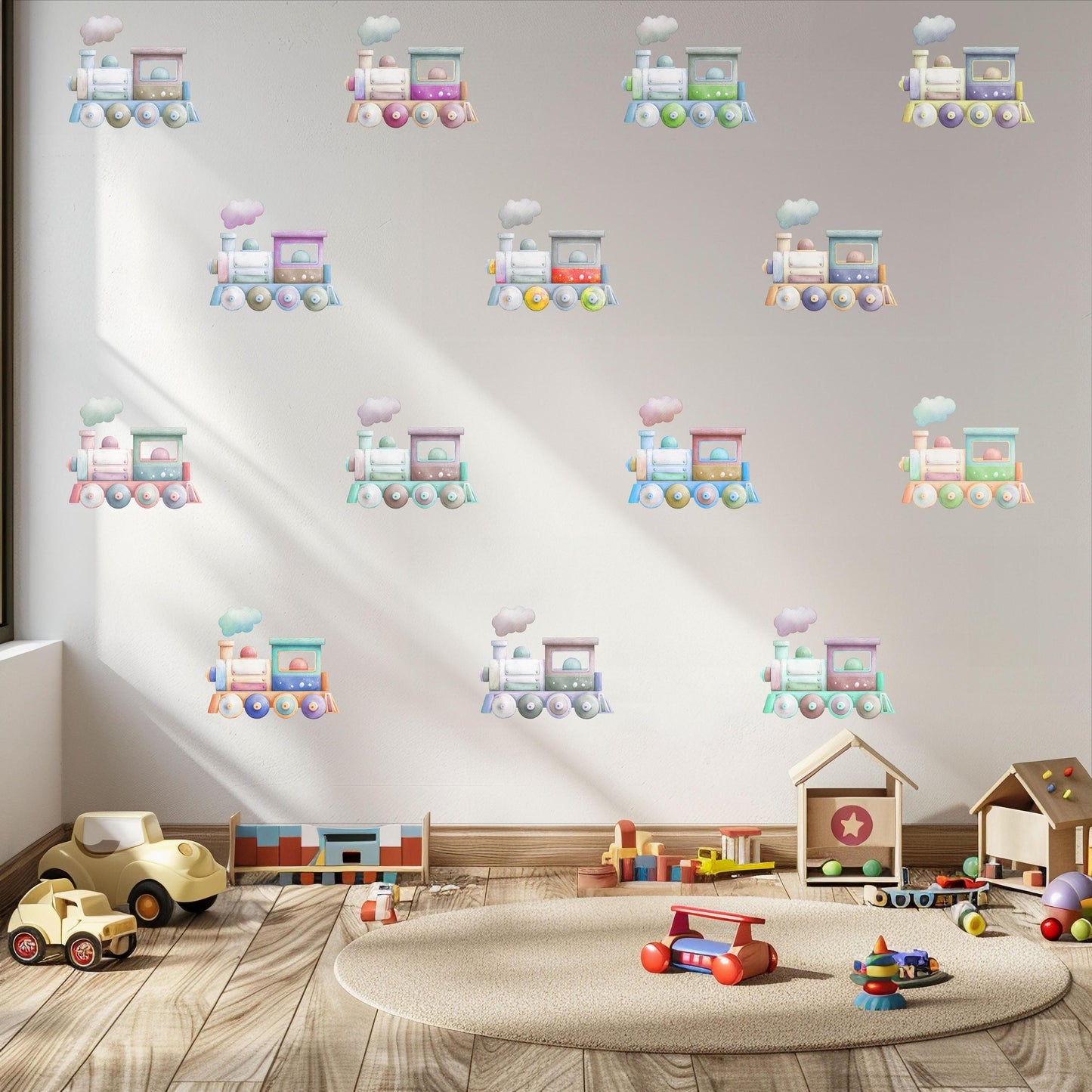 Train Wall Stickers, Pastel Nursery Decor, Colourful Watercolour Train Wall Decals, Kids Room Playroom Transport Peel and Stick Wall Art