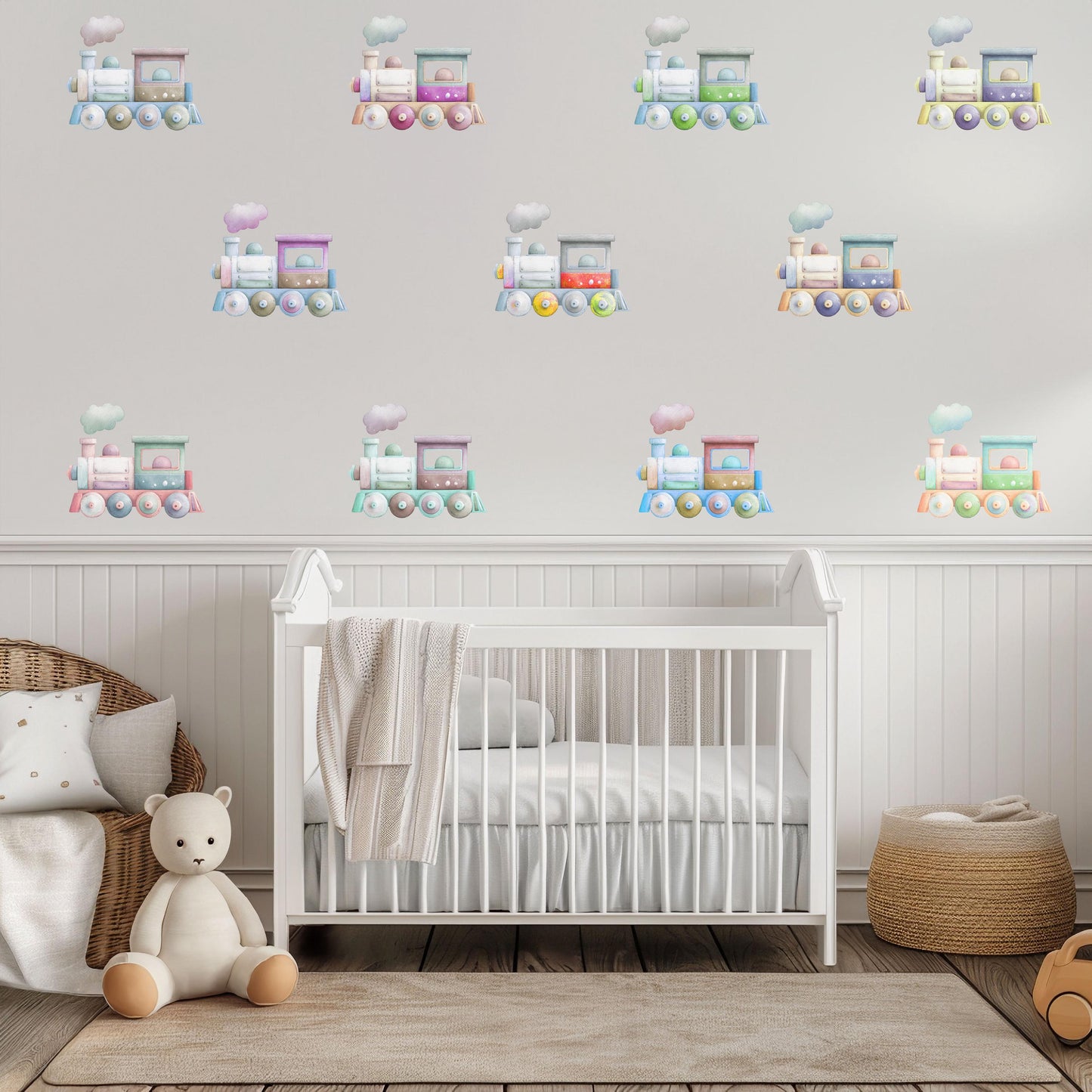 Train Wall Stickers, Pastel Nursery Decor, Colourful Watercolour Train Wall Decals, Kids Room Playroom Transport Peel and Stick Wall Art