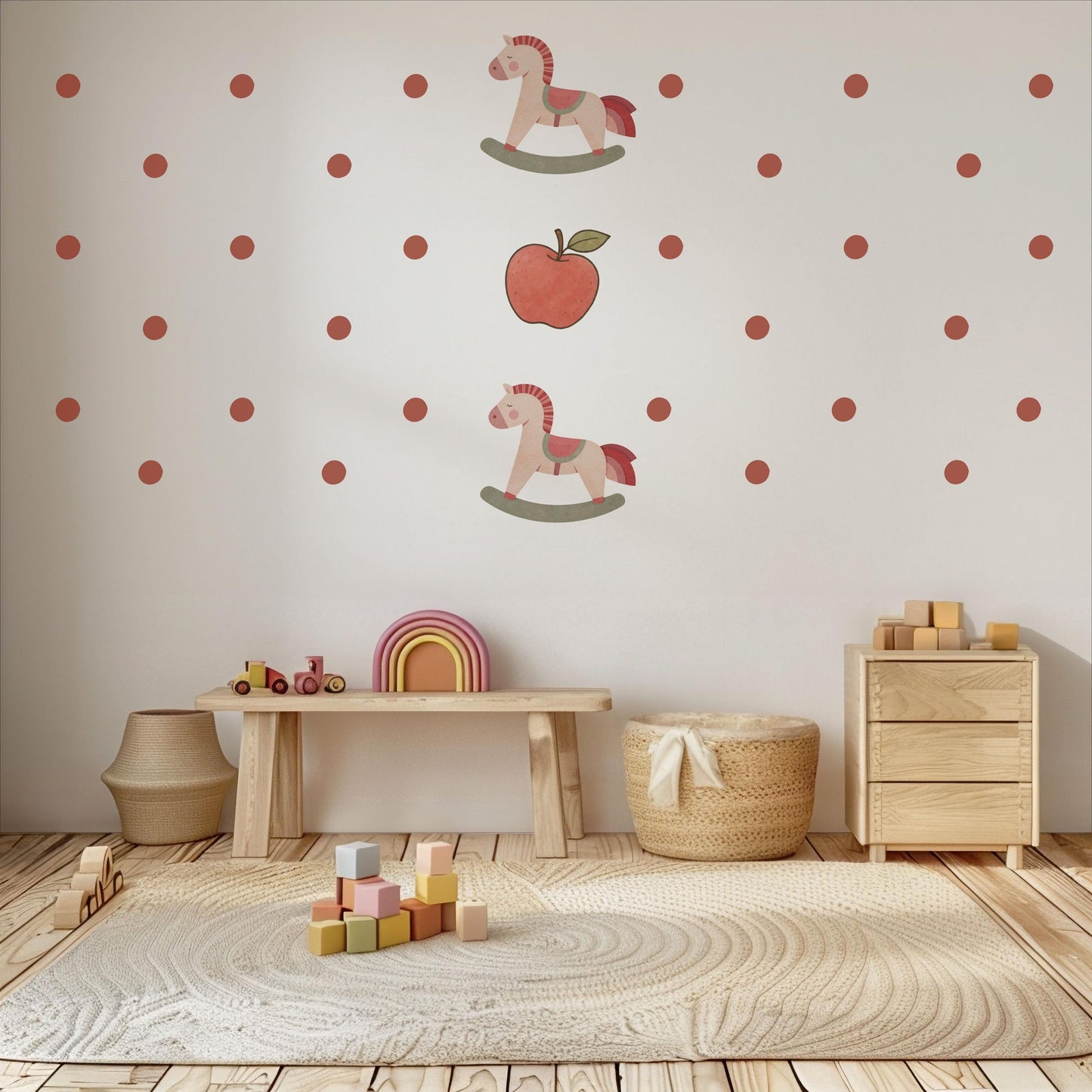 Polka Dot Wall Stickers, Boho Nursery Decor, Rust Red Rocking Horse Wall Decals, Neutral Kids Room Baby Nursery Peel and Stick Wall Art